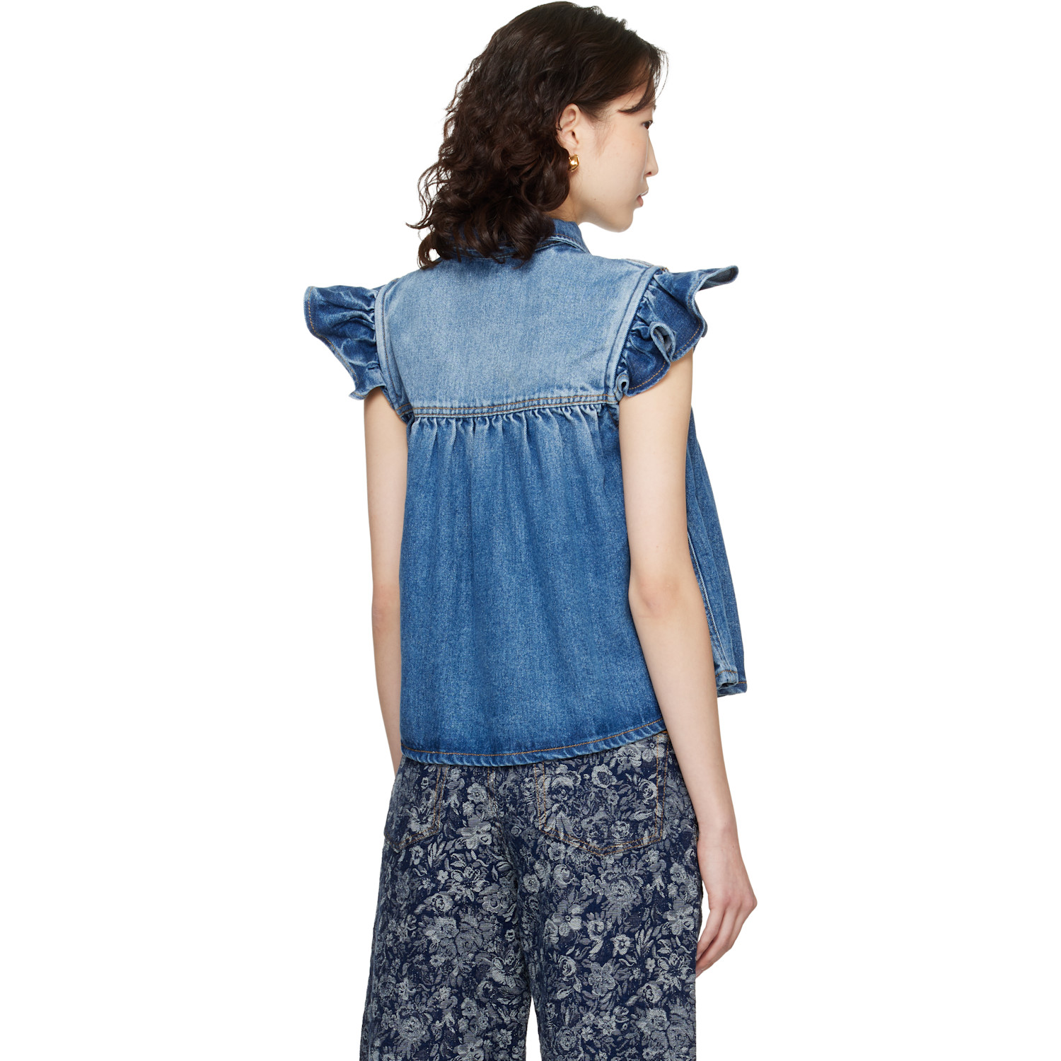  Ganni Blue Denim Ruffle Top 