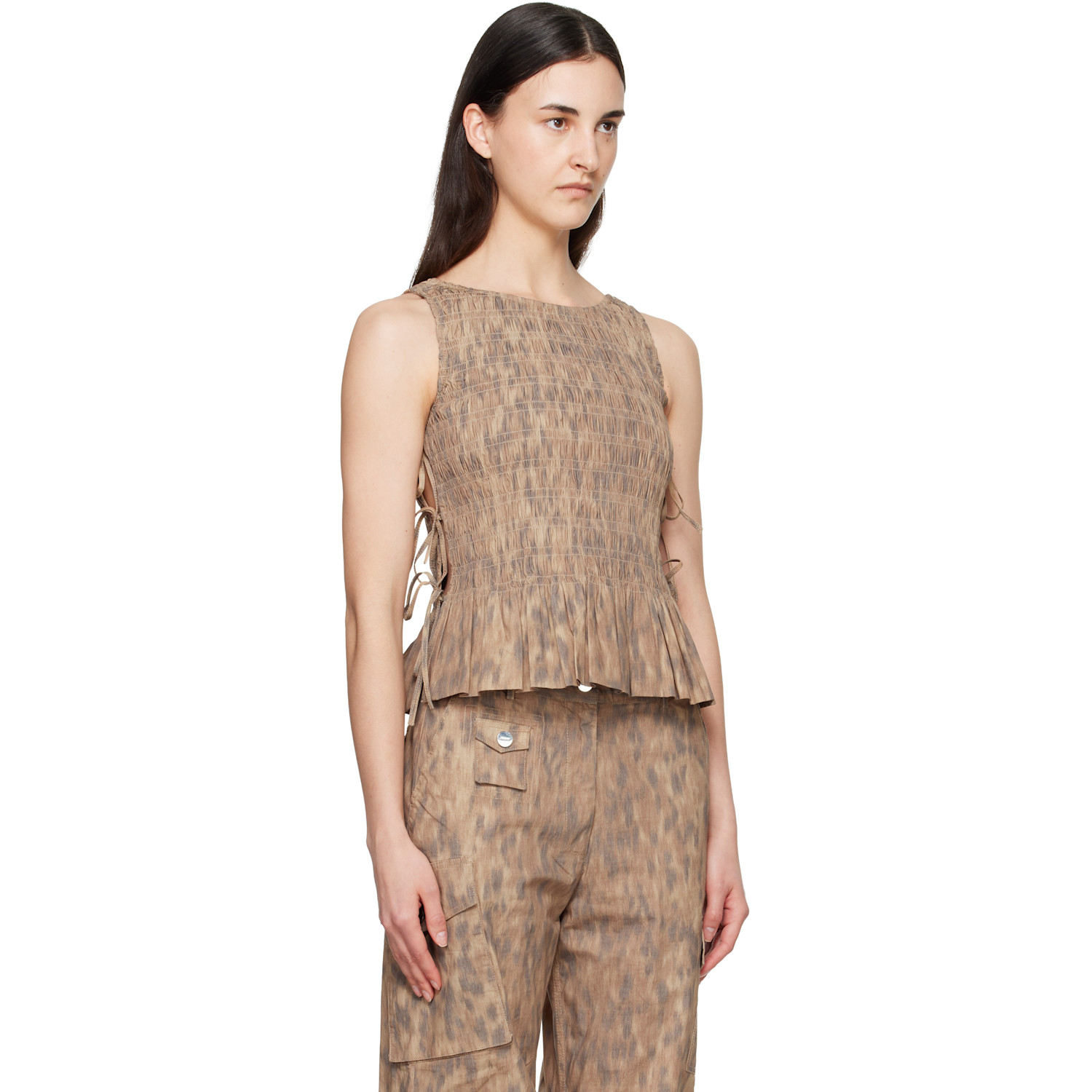  Ganni Brown Printed Stretch Smock Top 