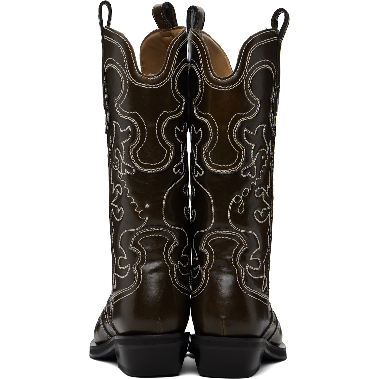  Ganni Brown Mid Shaft Embroidered Western Boots 