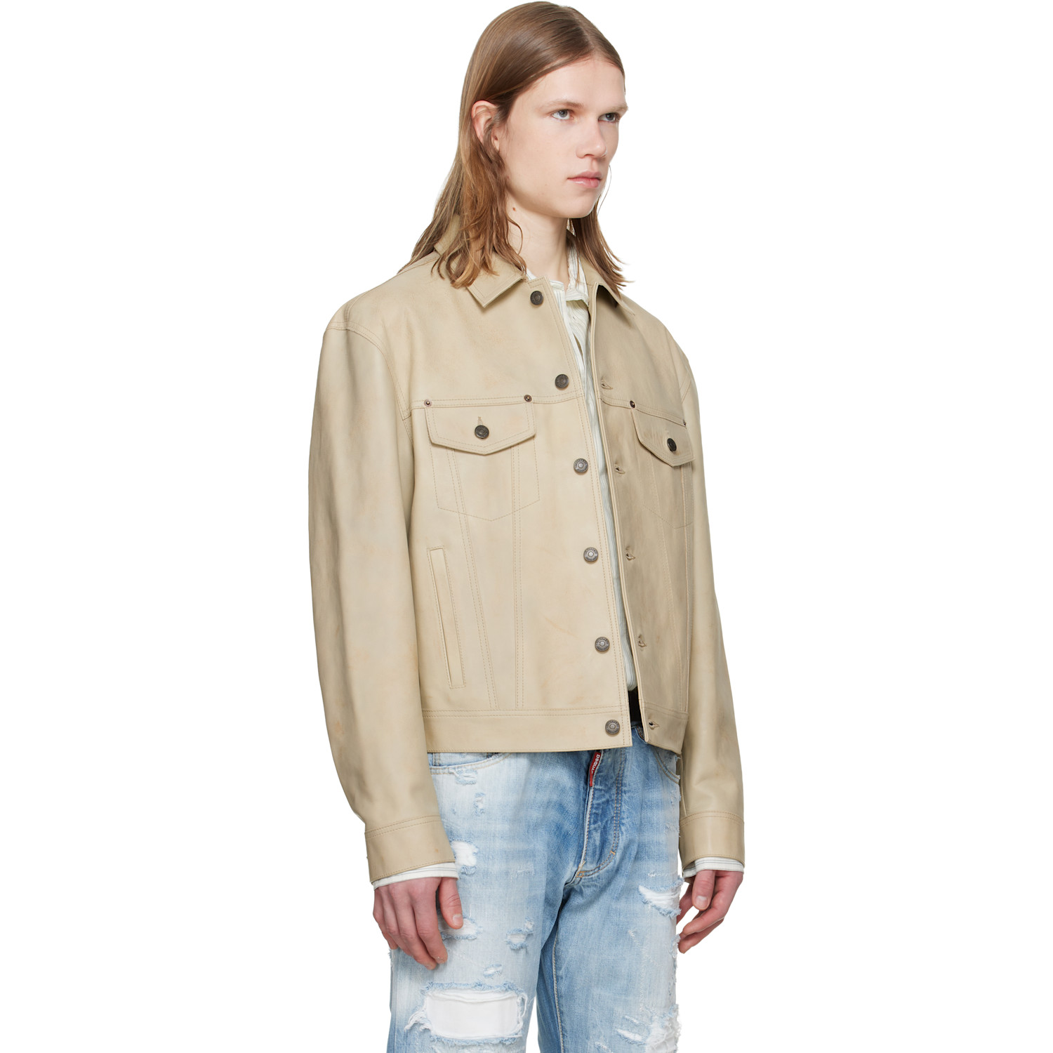  Dsquared2 Beige Leather Jean Jacket 