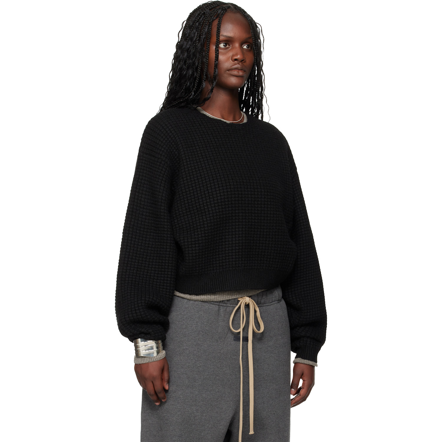  Fear Of God Essentials Black Holiday Heavy Waffle 90s Crewneck Sweater 