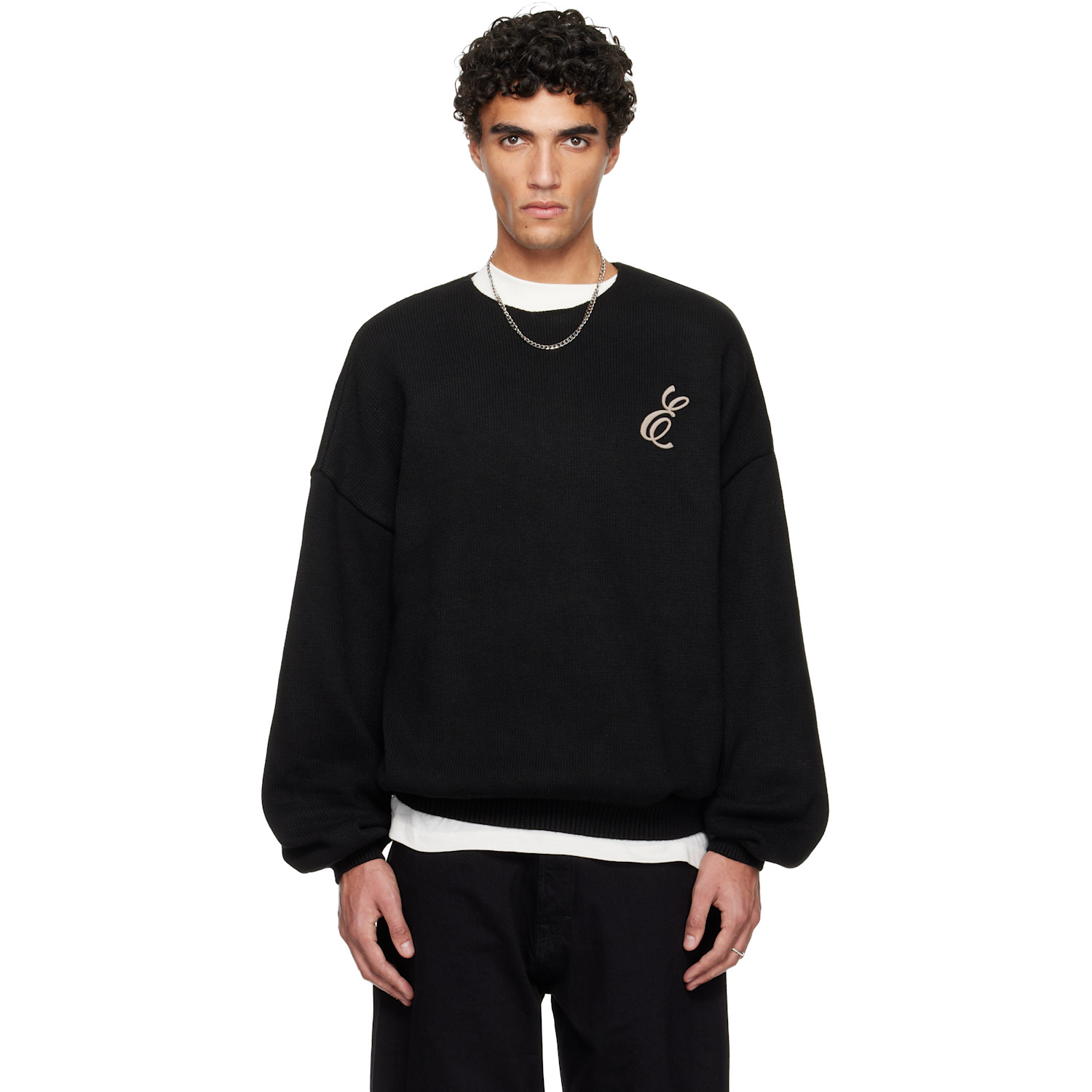 Fear of God ESSENTIALS Black Holiday Embroidered Merino Crewneck Sweater