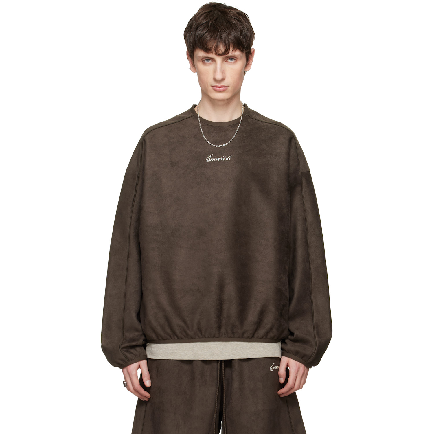 Fear of God ESSENTIALS Brown Signature Modern Crewneck Faux-Suede Sweatshirt