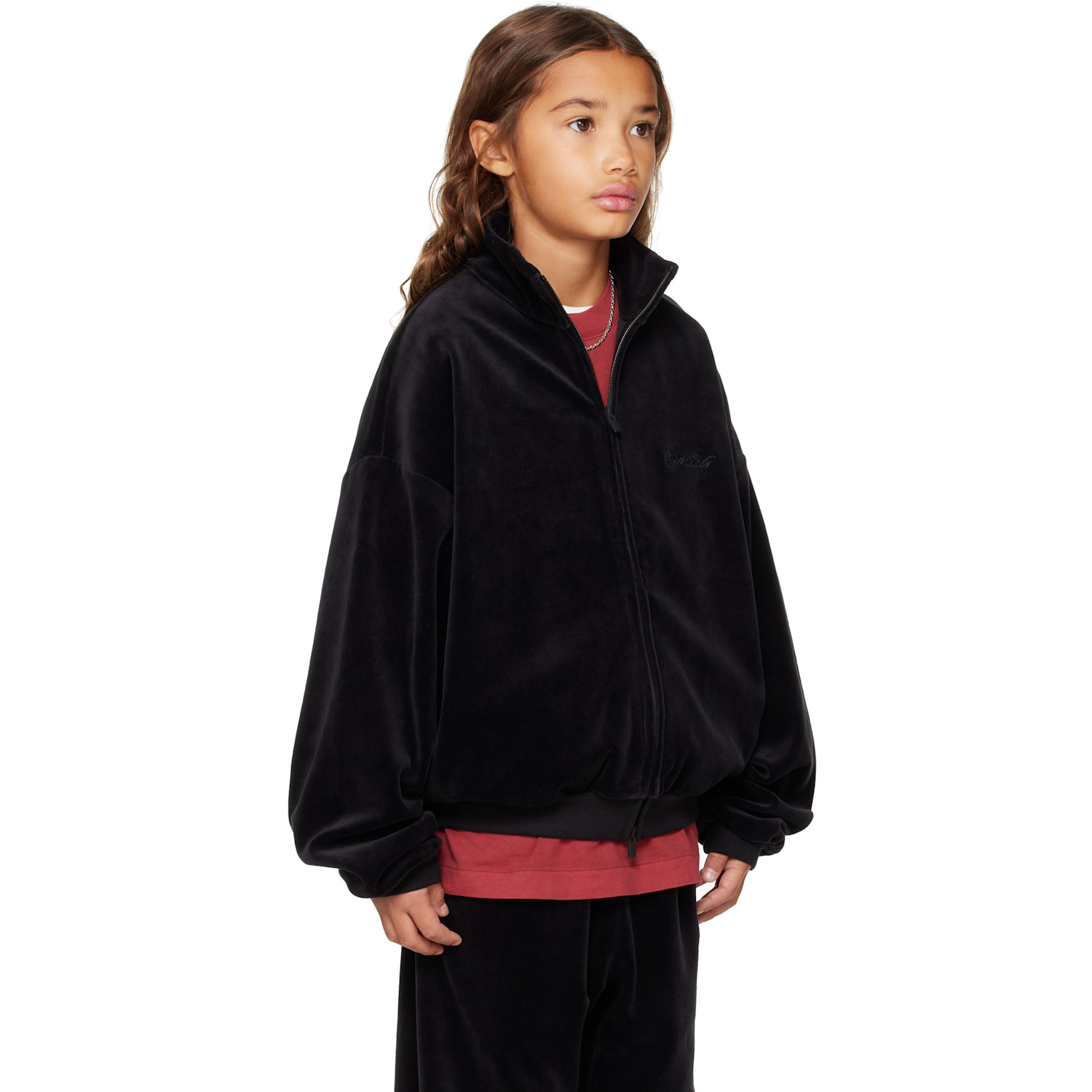  Fear Of God Essentials Kids Black Holiday Velour Classic Track Jacket 