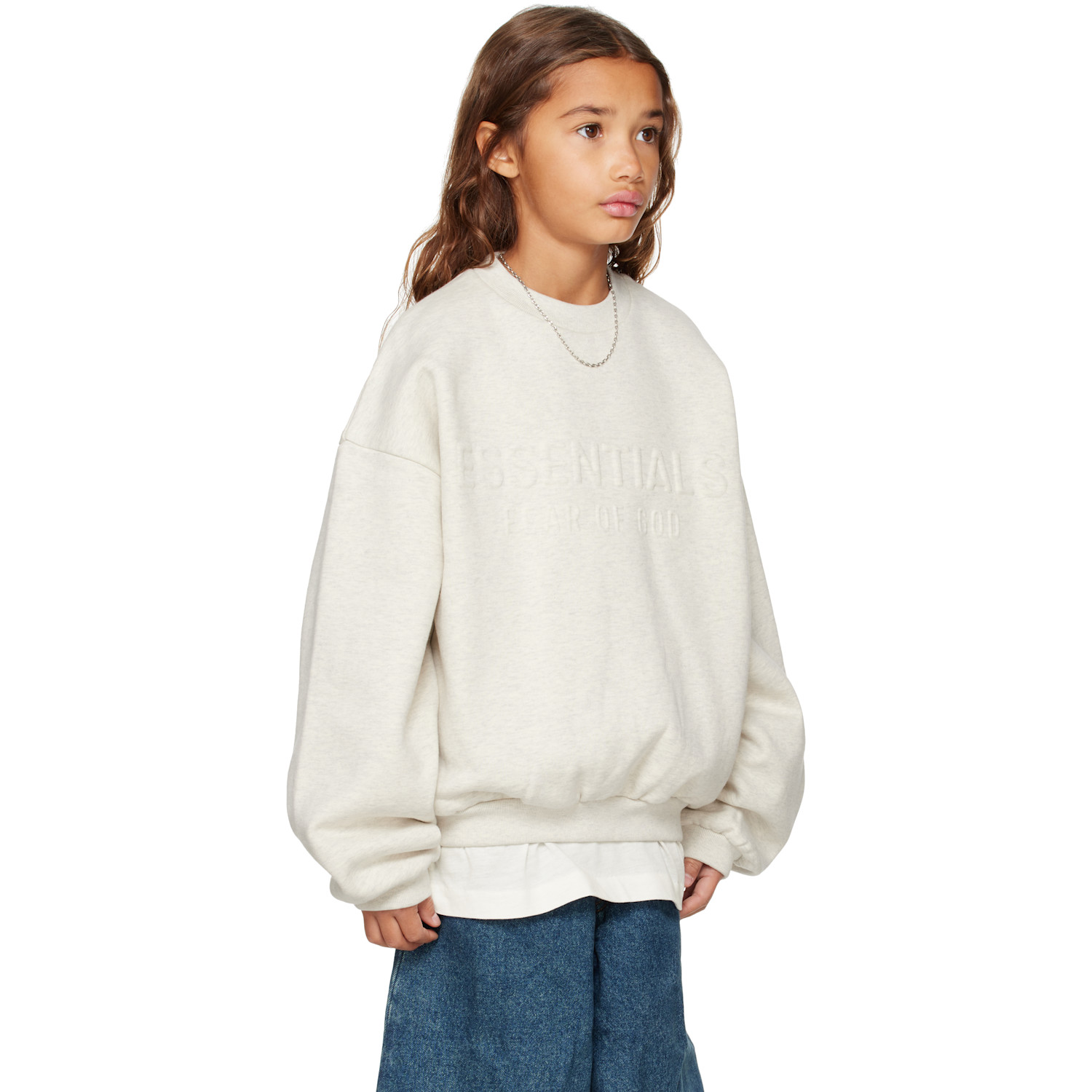  Fear Of God Essentials Kids Gray Holiday Embossed Classic Crewneck Sweatshirt 