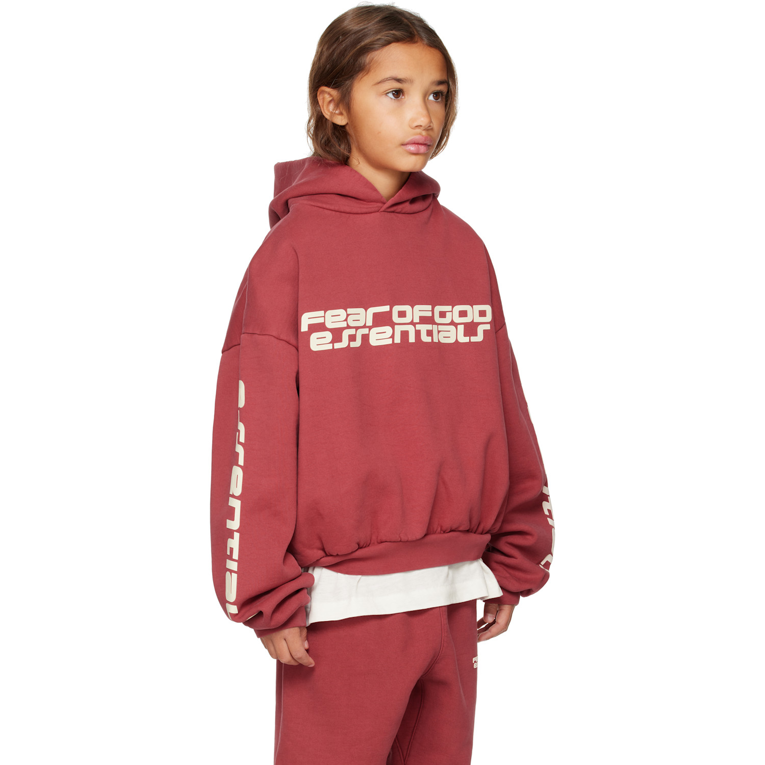  Fear Of God Essentials Kids Red Holiday Embossed Classic Hoodie 