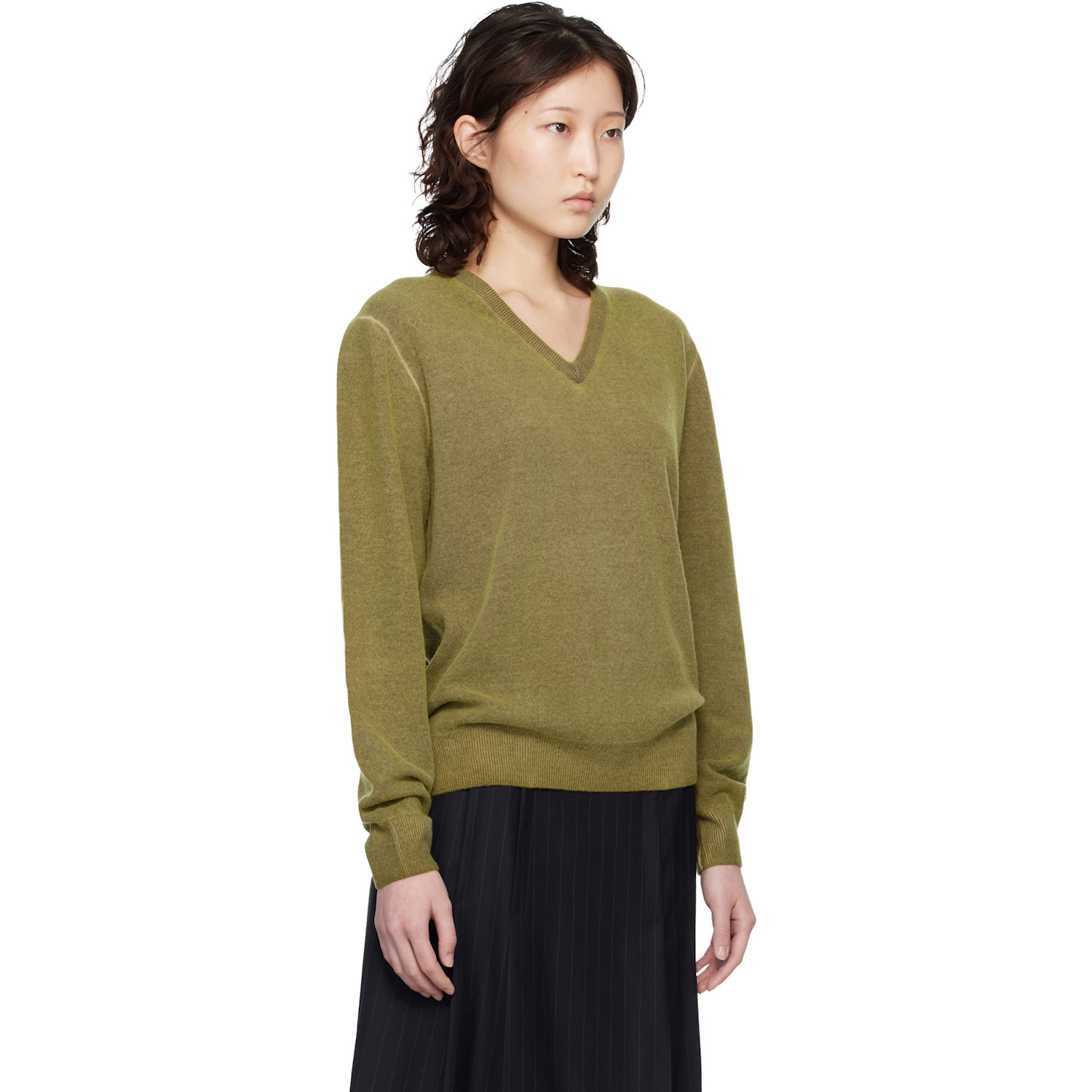  Maison Margiela Green Virgin Wool V-neck Sweater 