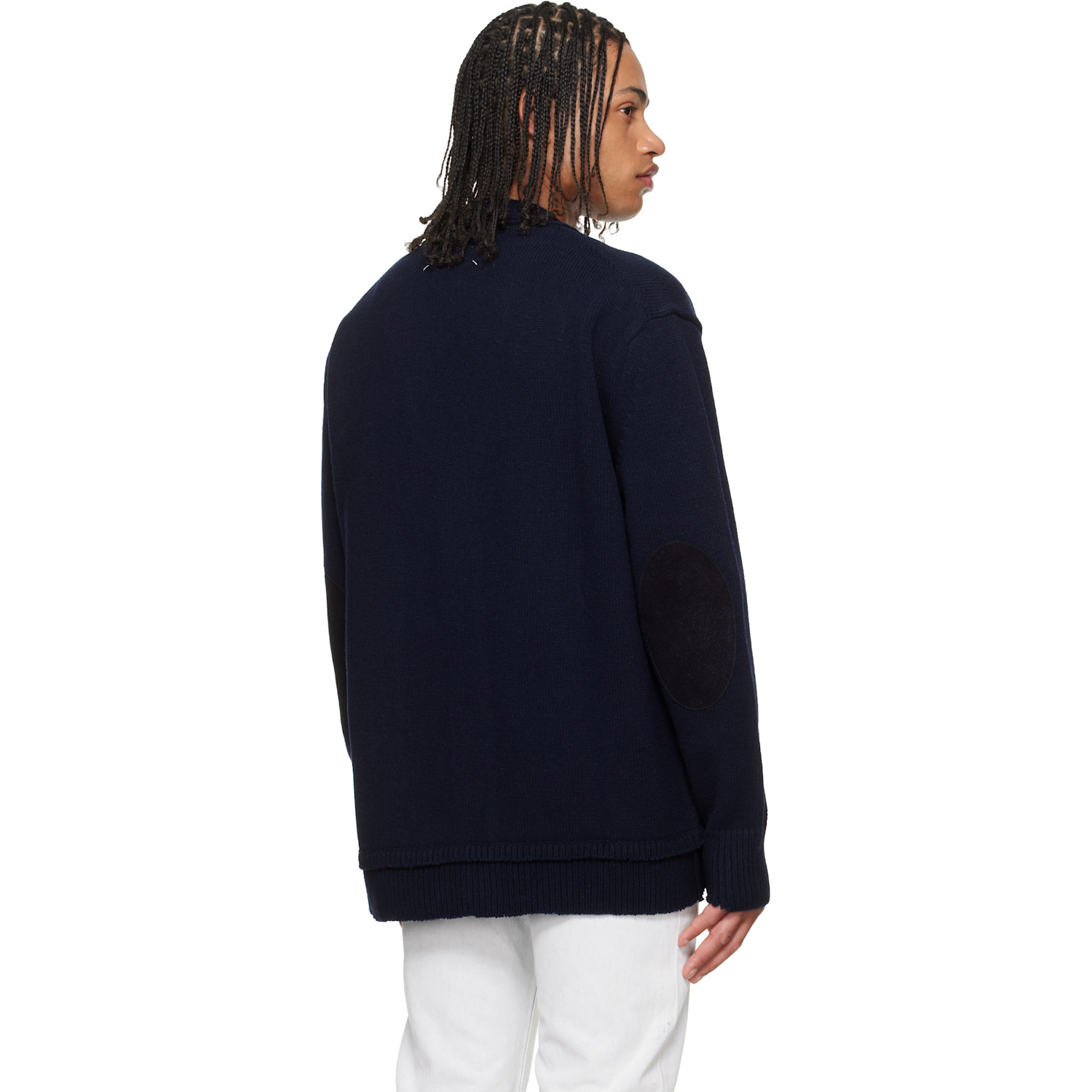  Maison Margiela Navy Elbow Patch Cardigan 