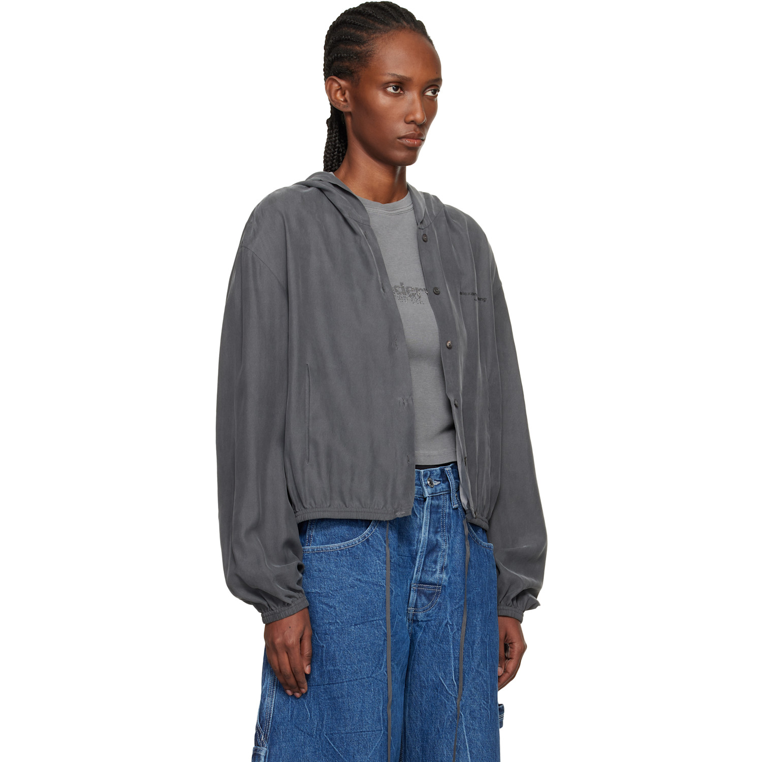  Alexander Wang Gray Cropped Silk Hoodie 