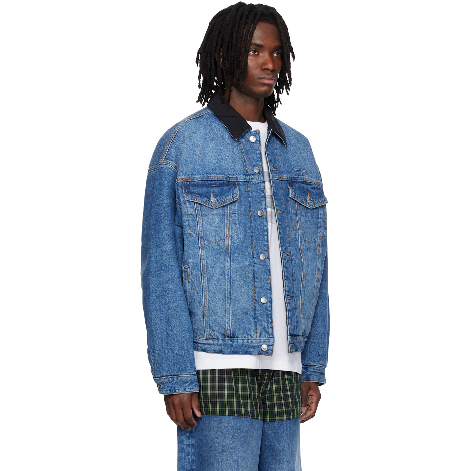  Alexander Wang Blue Plaid Combo Reversible Trucker Denim Jacket 
