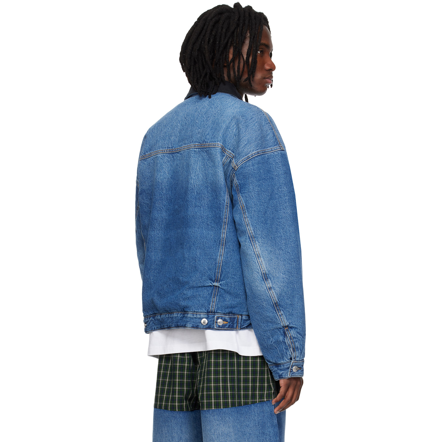  Alexander Wang Blue Plaid Combo Reversible Trucker Denim Jacket 