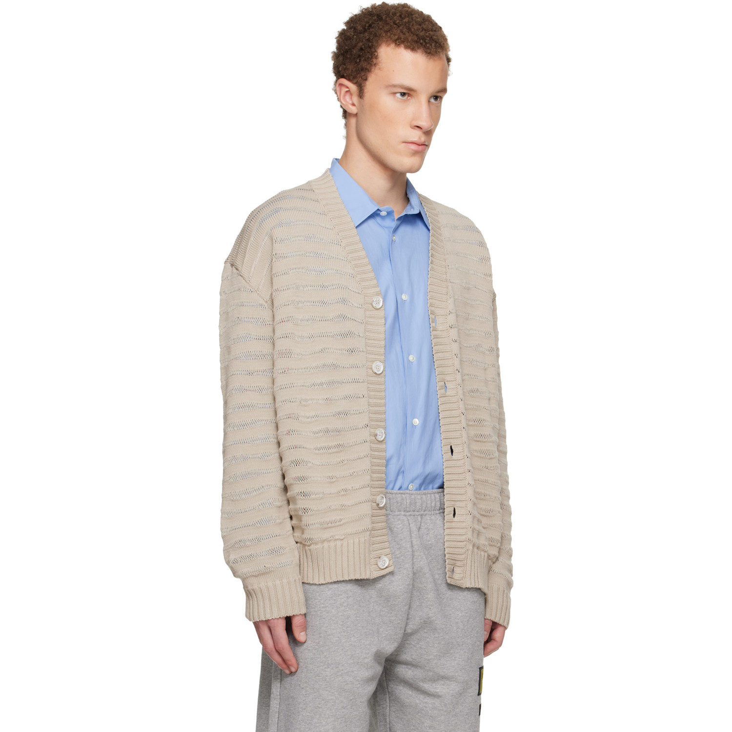  Mm6 Maison Margiela Beige Open-knit Stripe Cardigan 