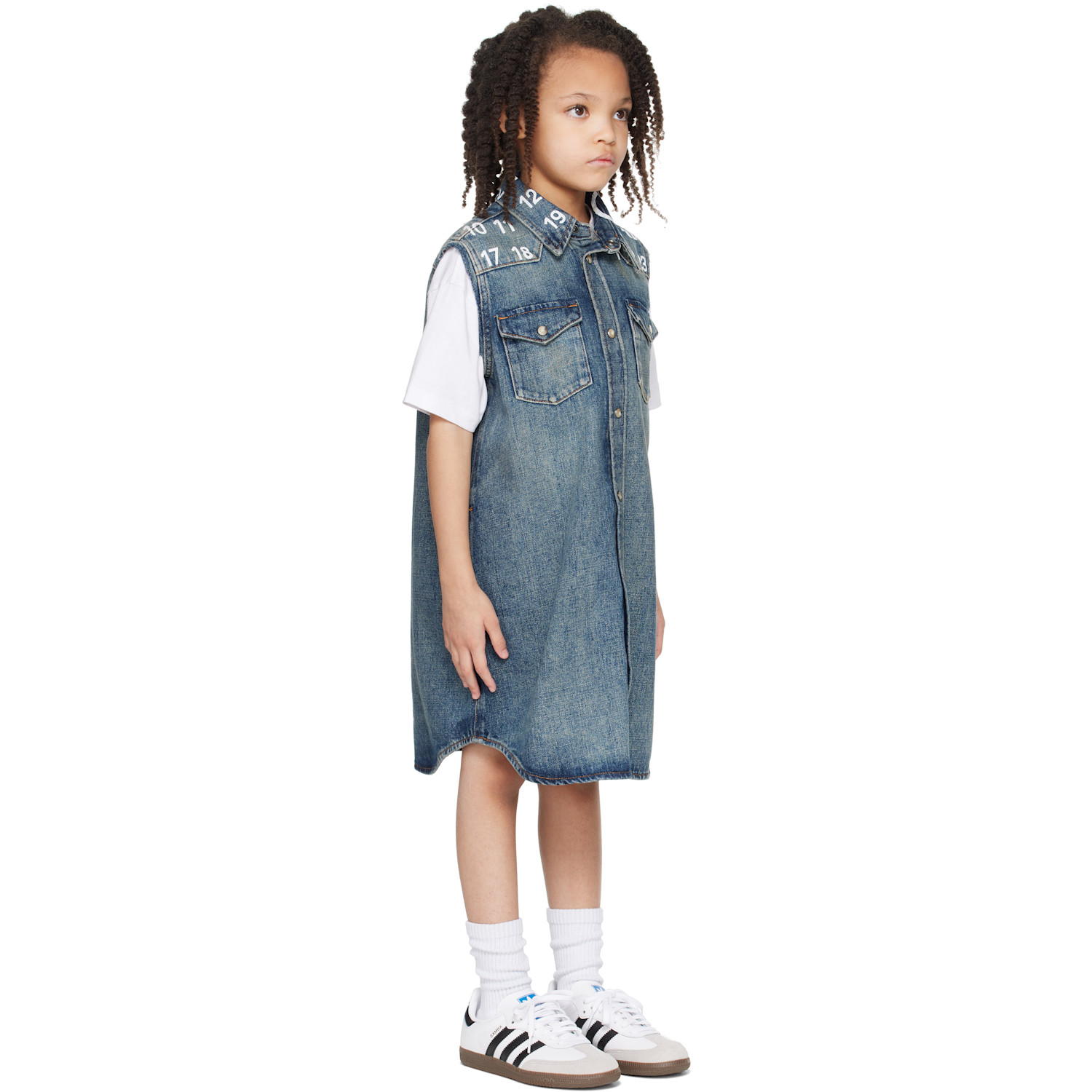  Mm6 Maison Margiela Kids Blue Printed-logo Denim Dress 