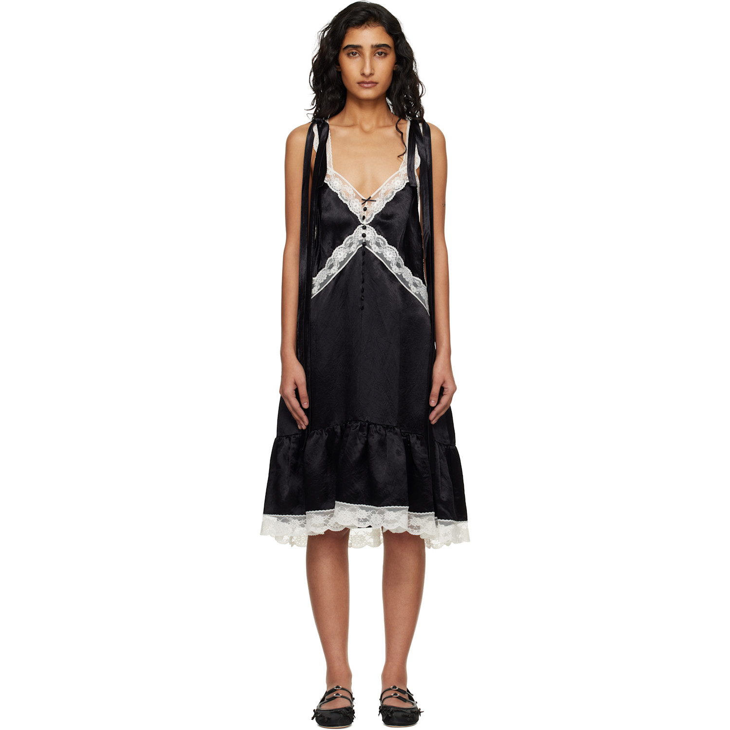 Marc Jacobs Black Satin Lace Slip Midi Dress