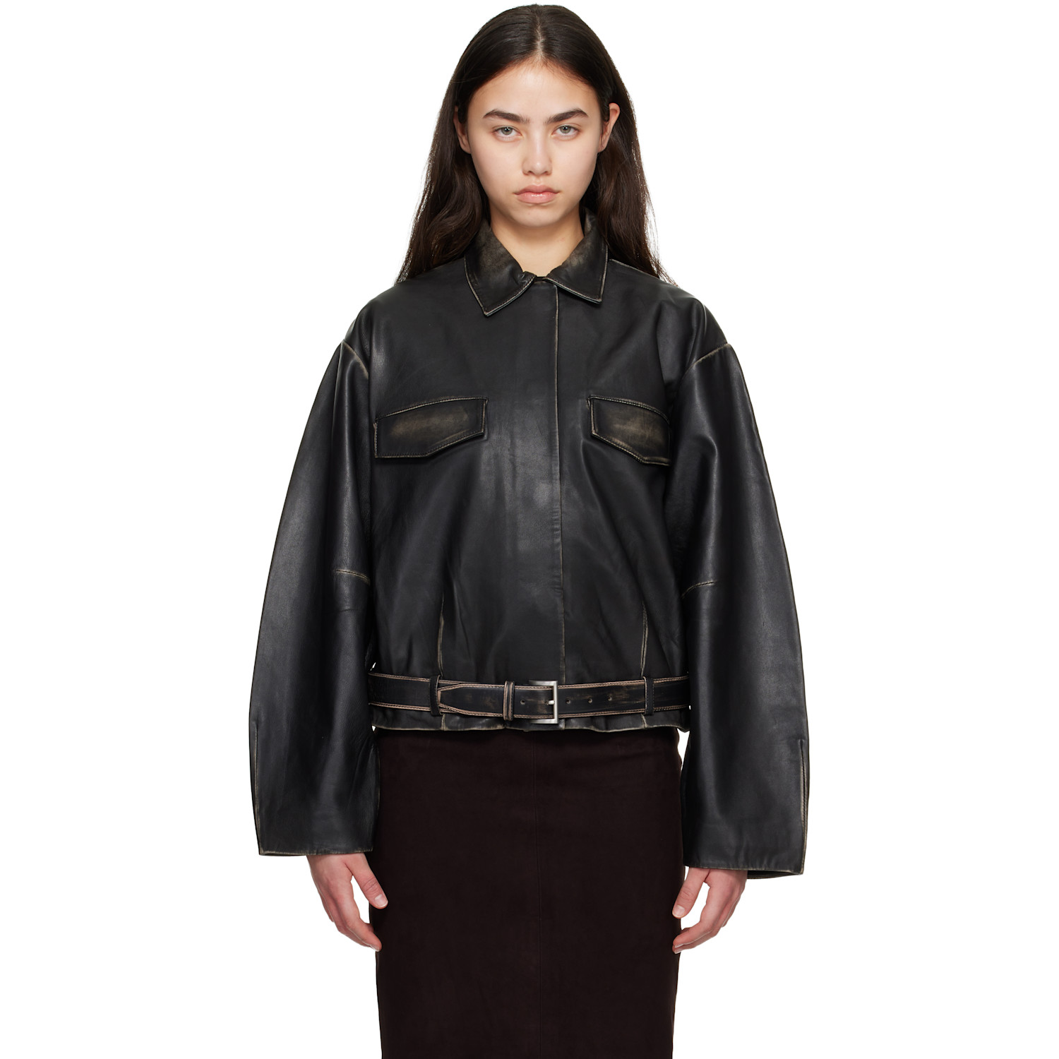 St. Agni Black Brushed Belted Leather Jacket