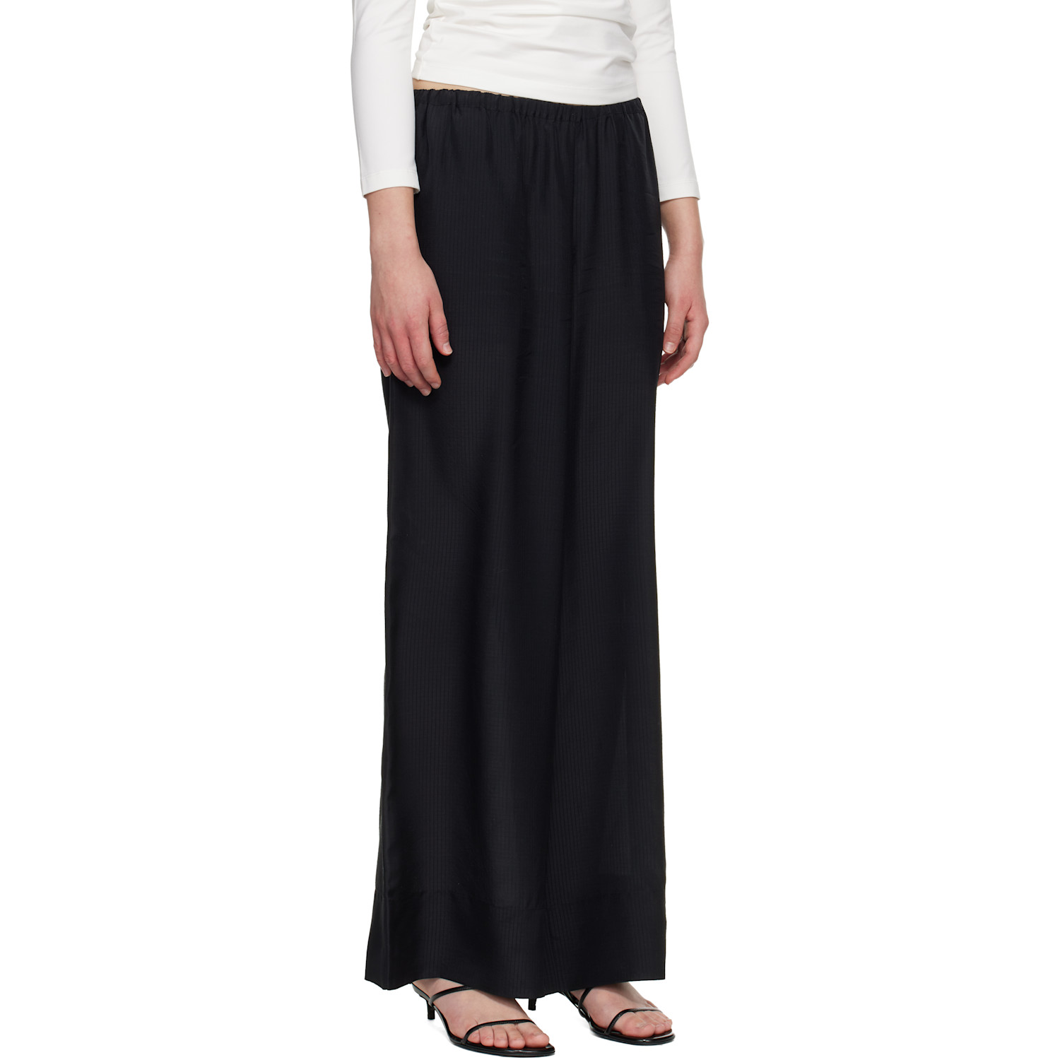  St. Agni Black Silk Grid Relaxed Trousers 