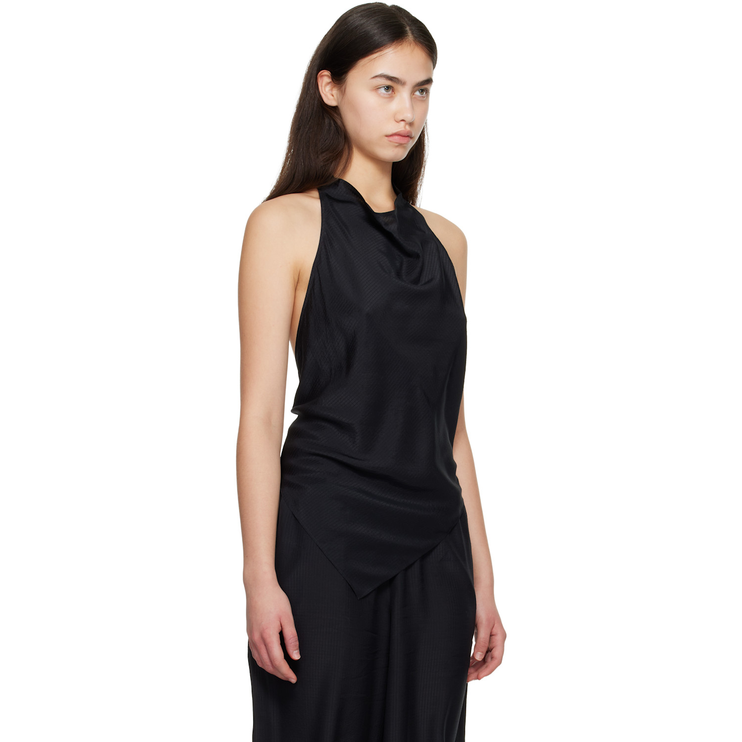  St. Agni Black Silk Grid Halter Top 