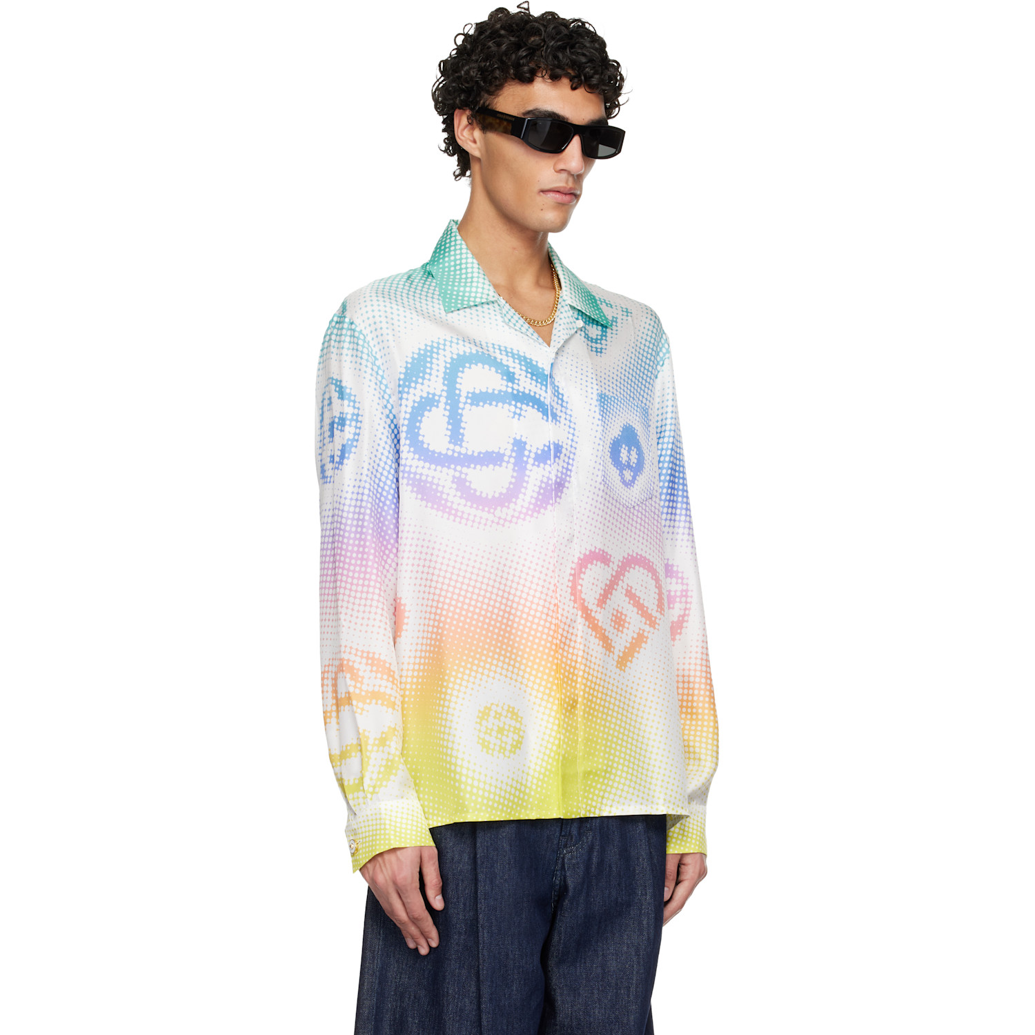  Casablanca Multicolor Halftone Logo Long Sleeve Silk Shirt 