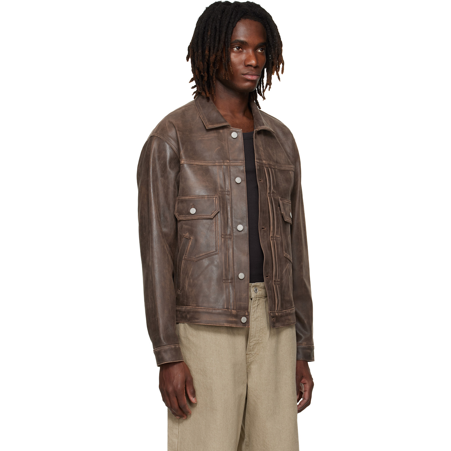  Yoke Brown Cracked Leather Trucker Jacket 