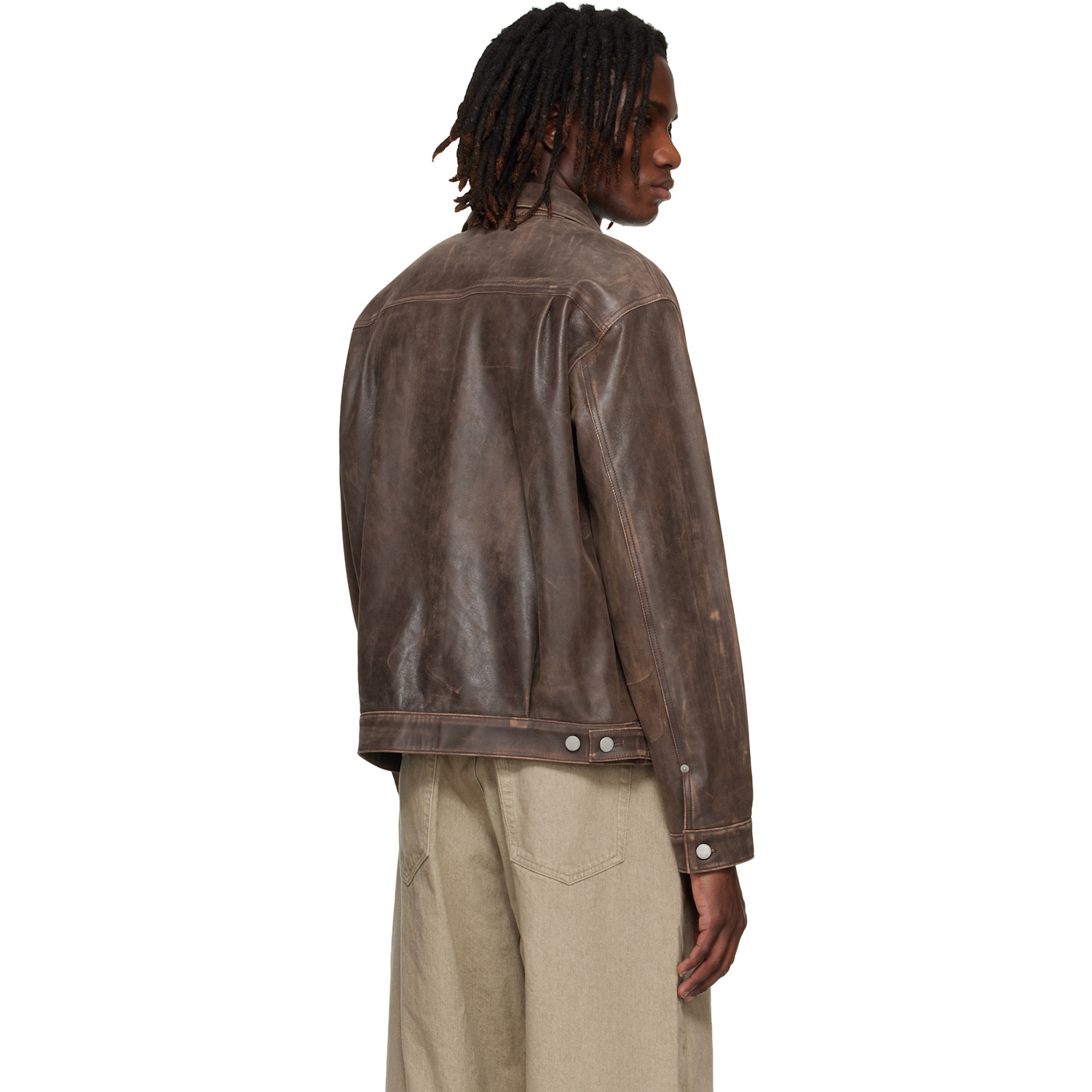  Yoke Brown Cracked Leather Trucker Jacket 