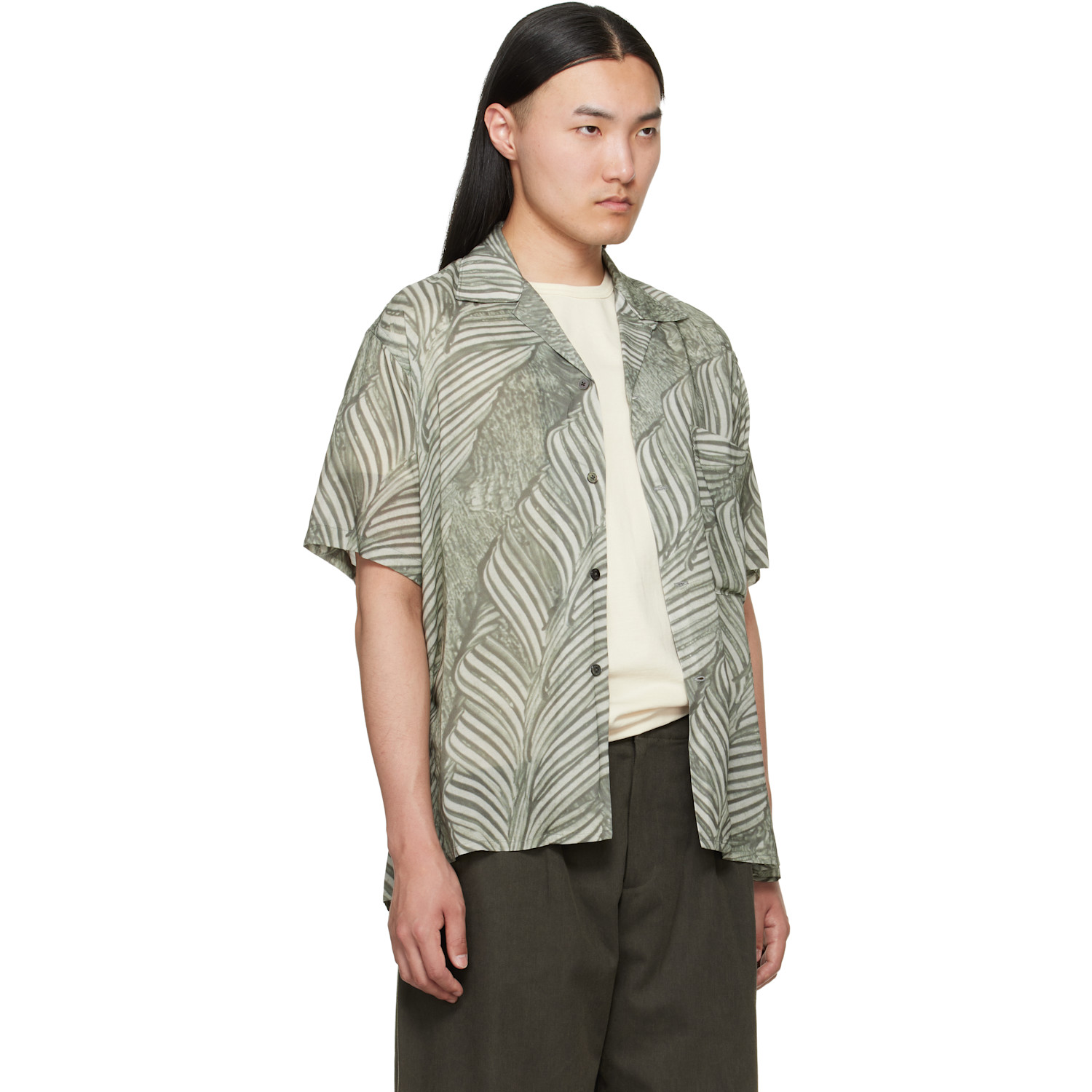  Yoke Green Leaf Pattern Printed Rayon Open Collar Shirt 