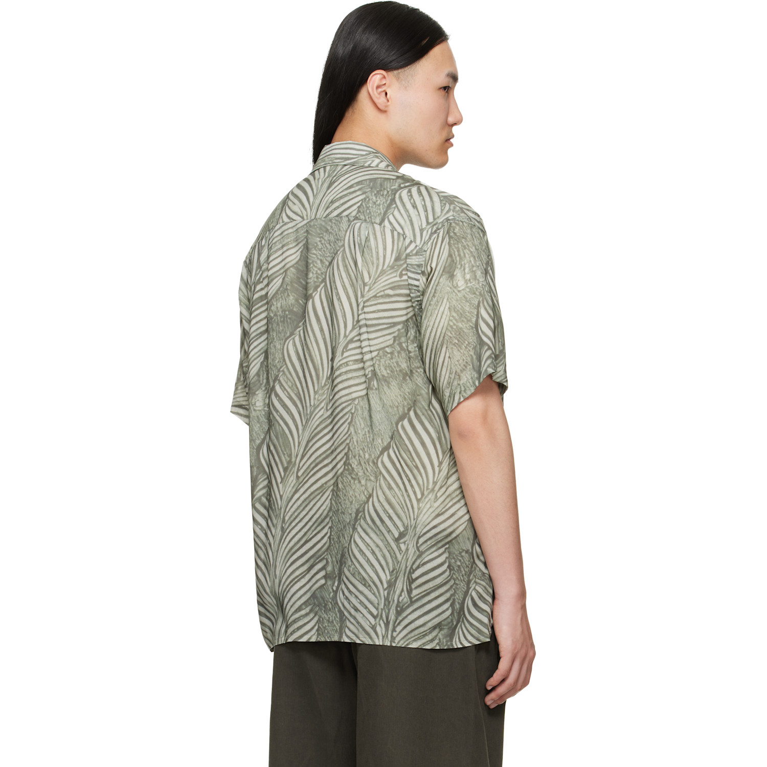 Yoke Green Leaf Pattern Printed Rayon Open Collar Shirt 