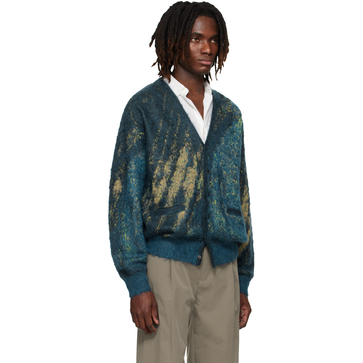  Yoke Blue & Green Abstract Jacquard Mohair Cardigan 