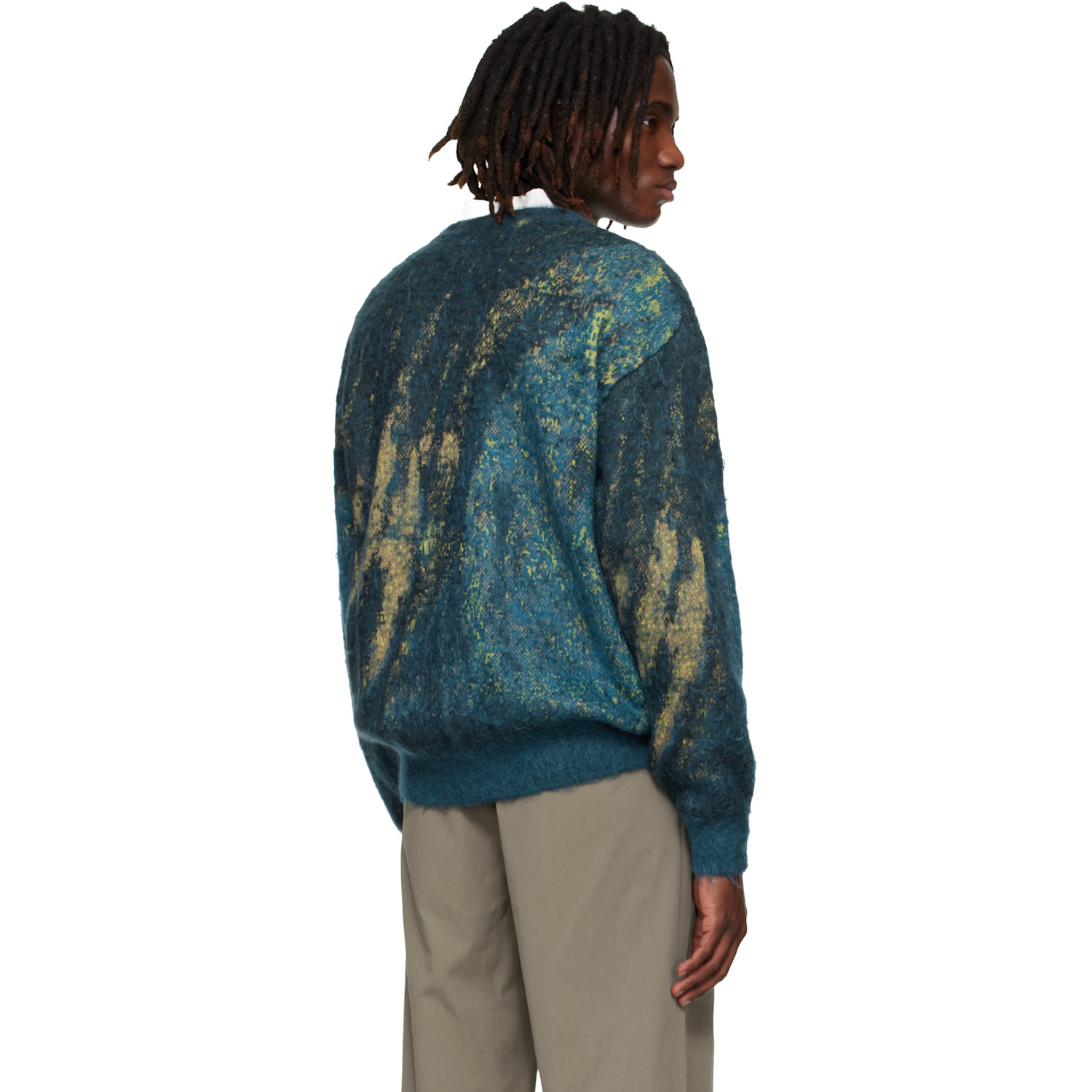  Yoke Blue & Green Abstract Jacquard Mohair Cardigan 