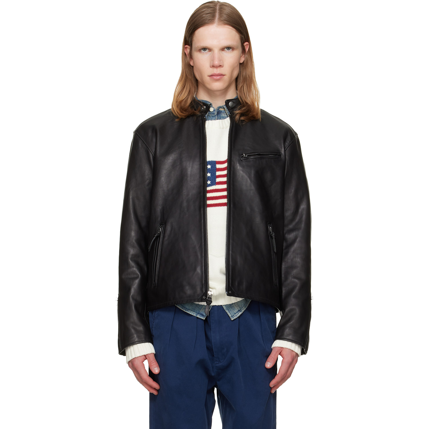 Polo Ralph Lauren Black 'The Brooklands' Leather Café Racer Jacket