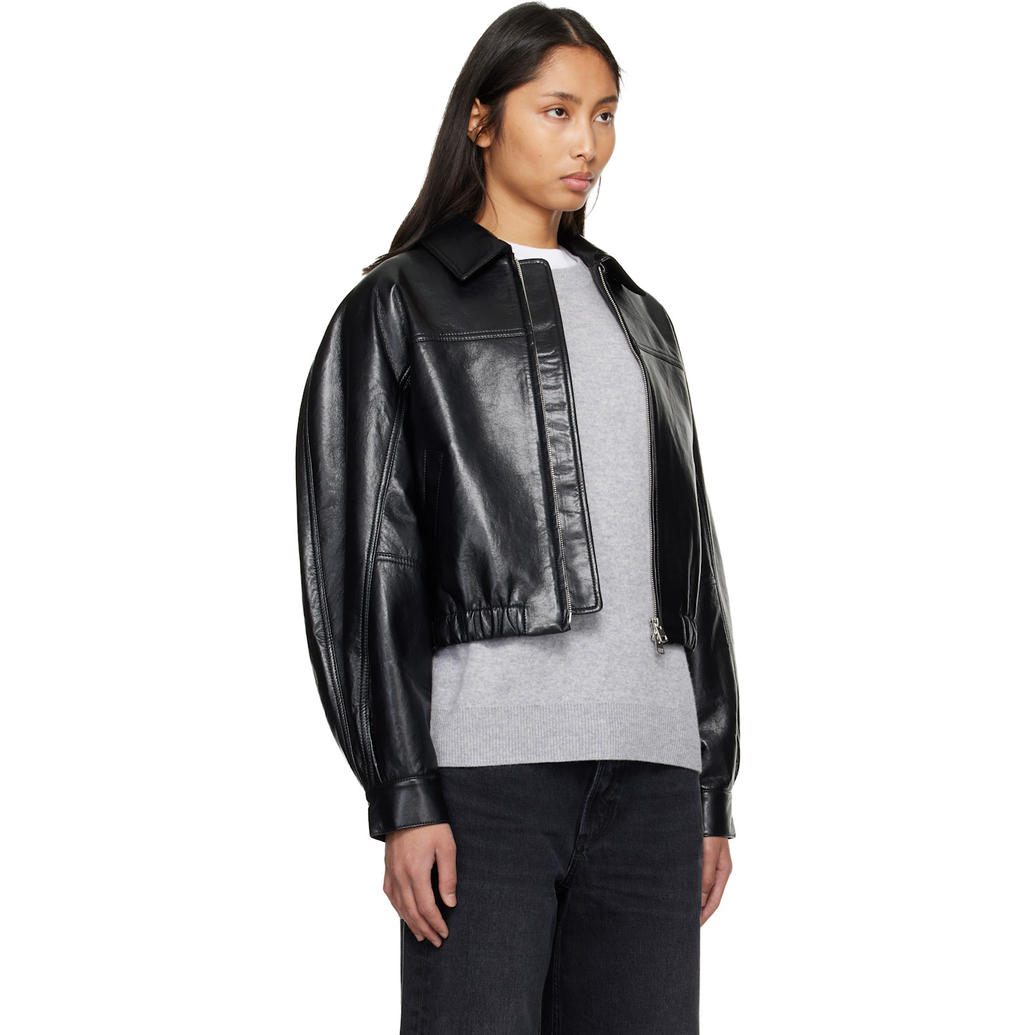  Agolde Black Dixon Recycled Leather Bomber Jacket 