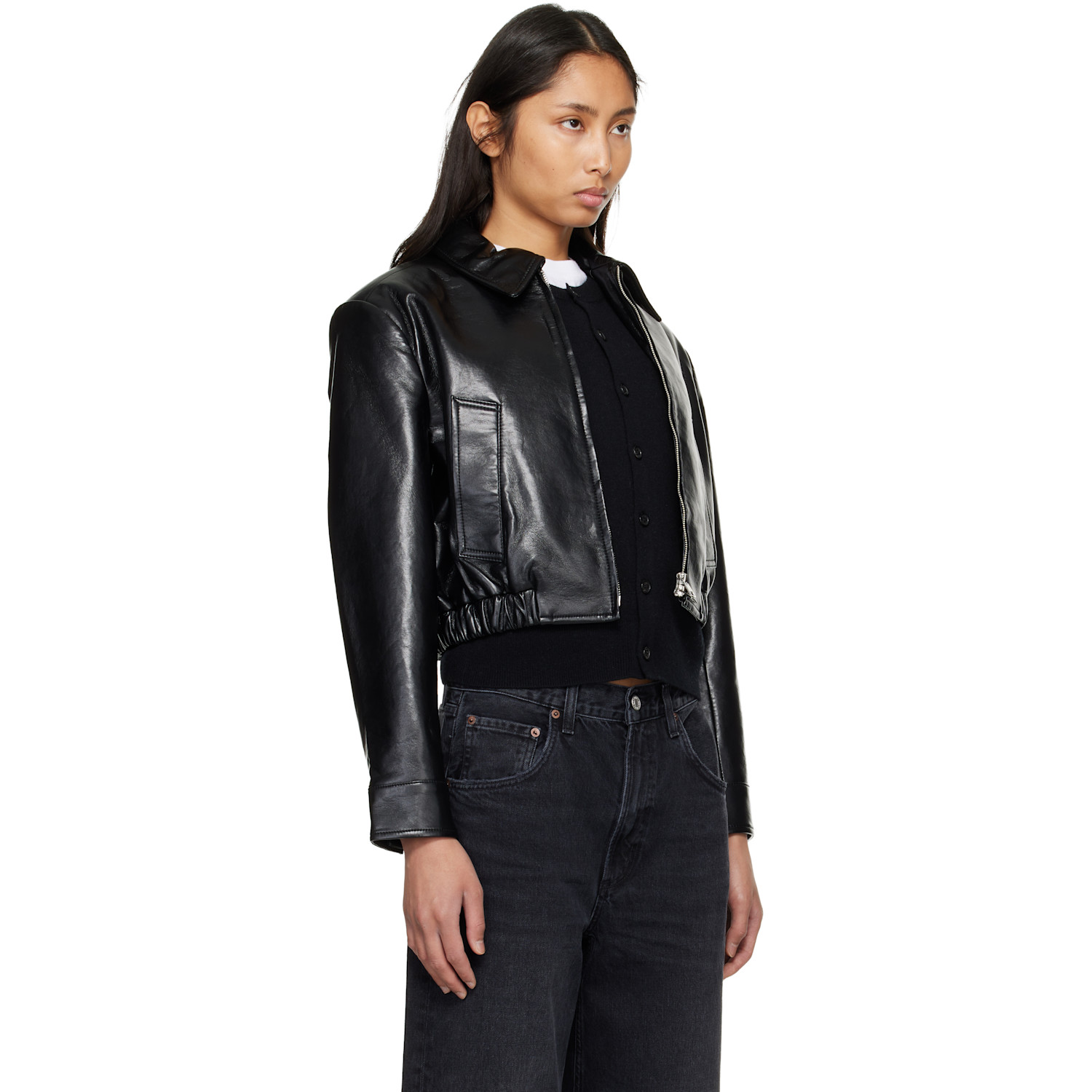 Agolde Black Nahla Cropped Recycled Leather Jacket 