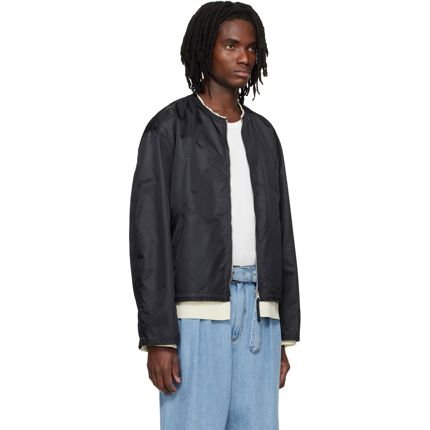  Solid Homme Black Layered Collarless Reversible Bomber Jacket 