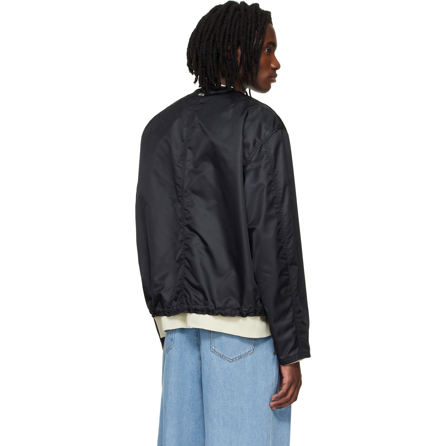  Solid Homme Black Layered Collarless Reversible Bomber Jacket 