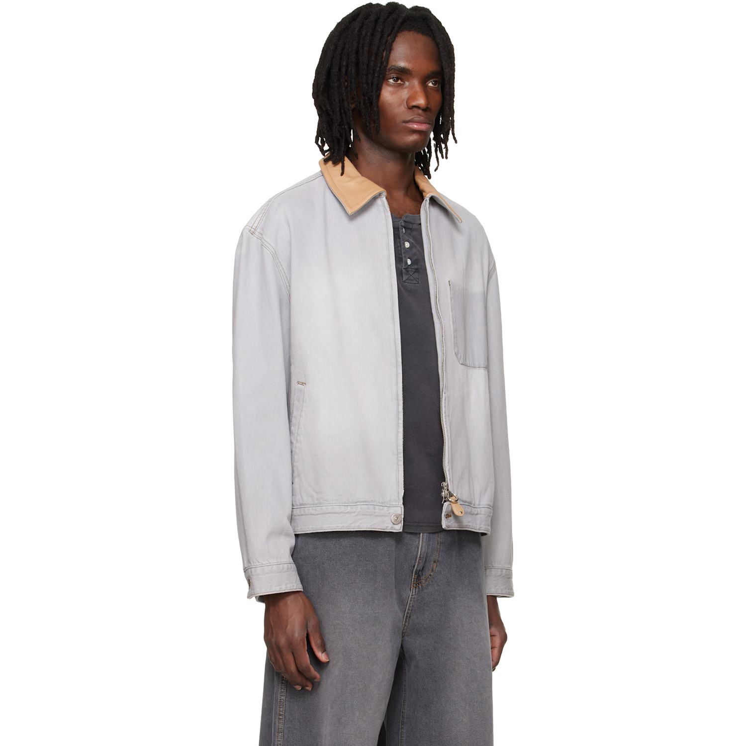  Solid Homme Gray Leather Collared Denim Trucker Jacket 