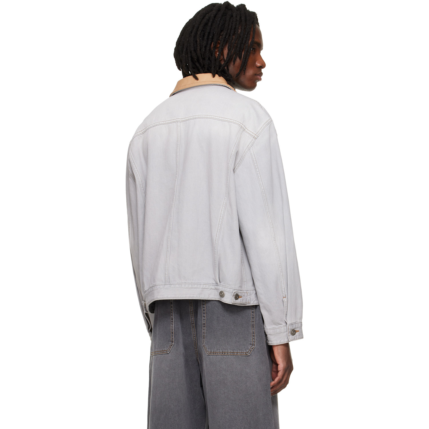  Solid Homme Gray Leather Collared Denim Trucker Jacket 