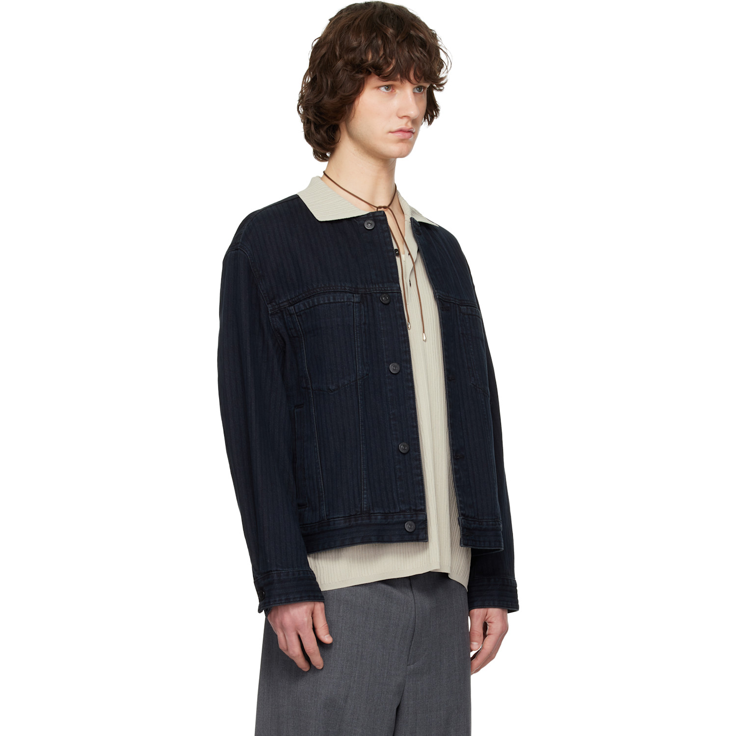  Solid Homme Black Collarless Denim Trucker Jacket 