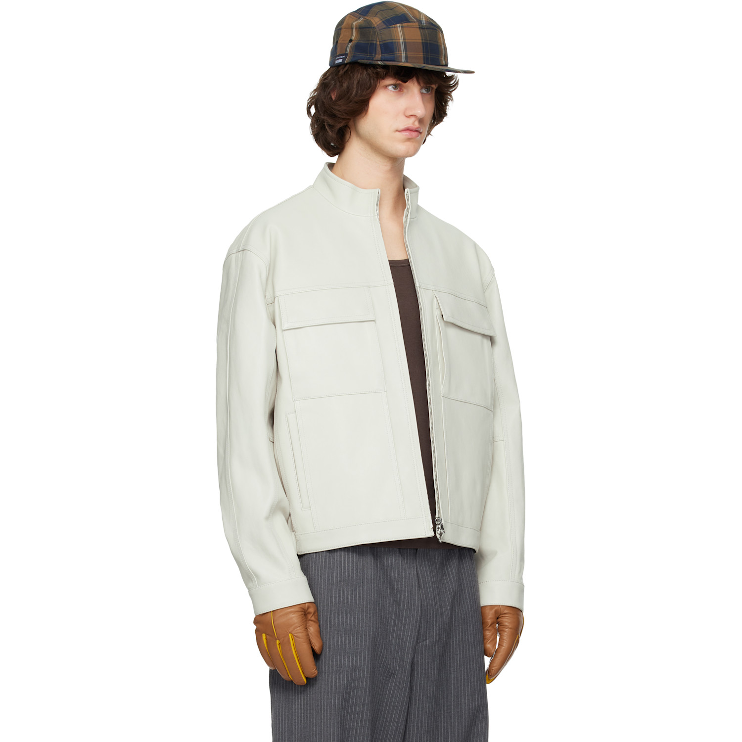  Solid Homme Off-white High-neck Two-pocket Leather Jacket 