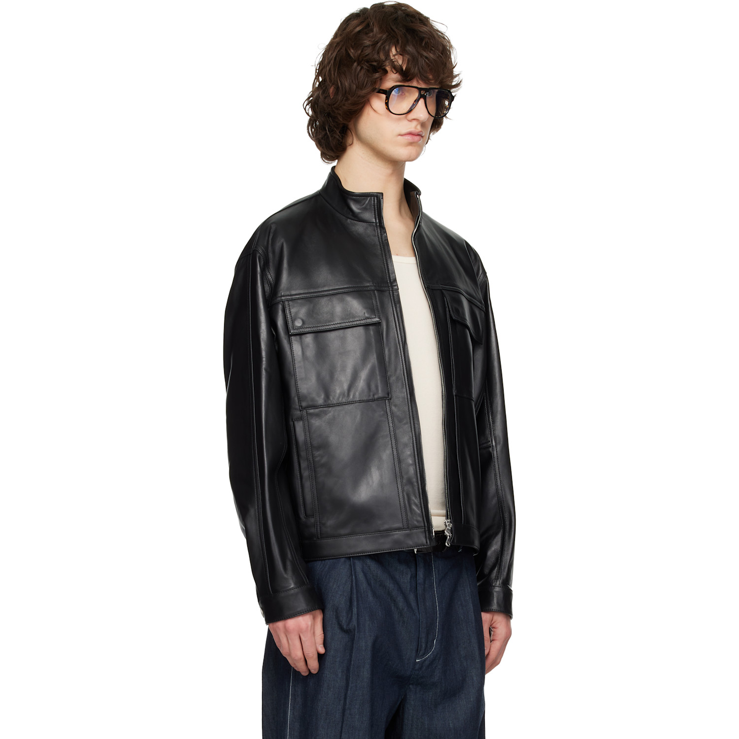  Solid Homme Black High-neck Two-pocket Leather Jacket 