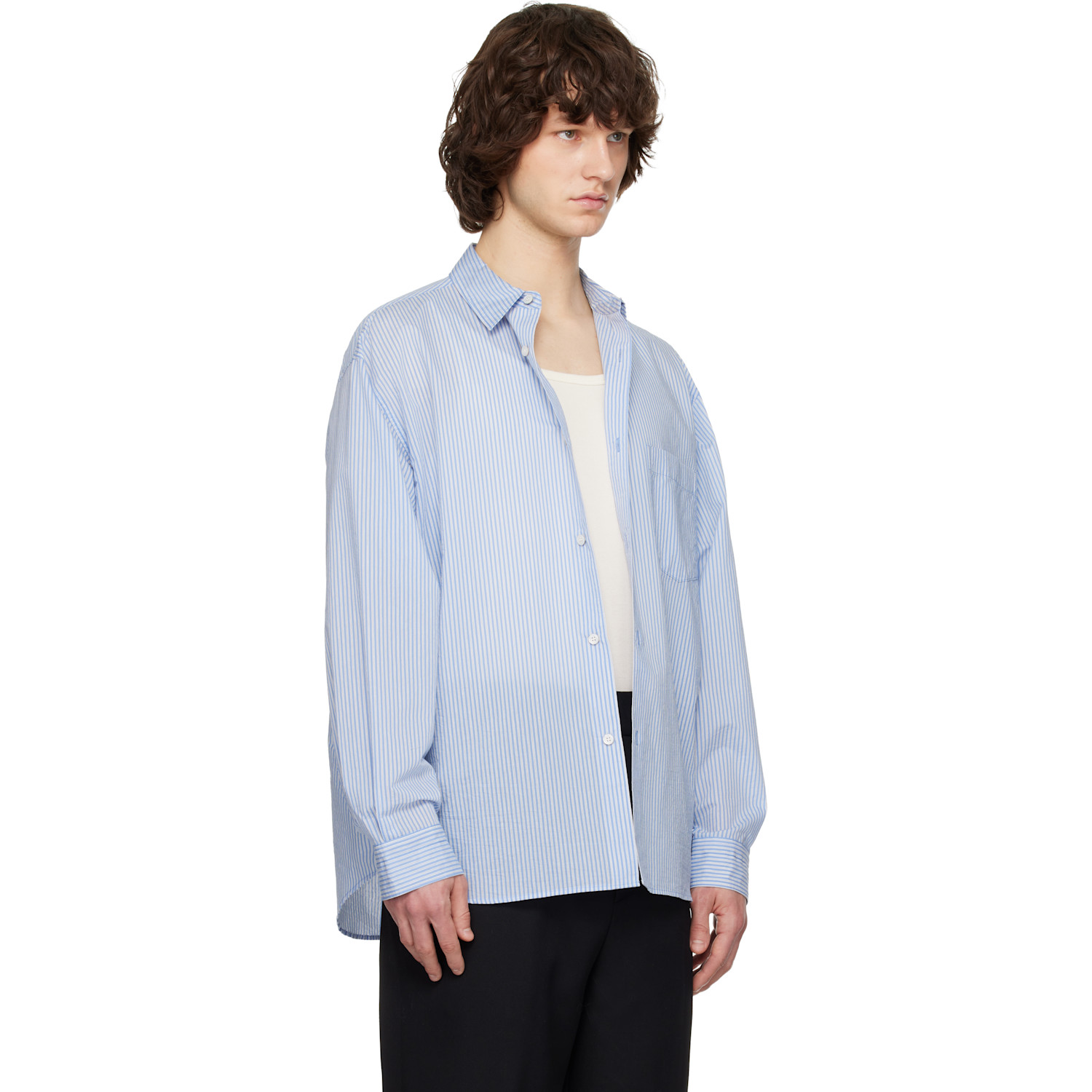  Solid Homme Blue Cotton Nylon Stripe Shirt 