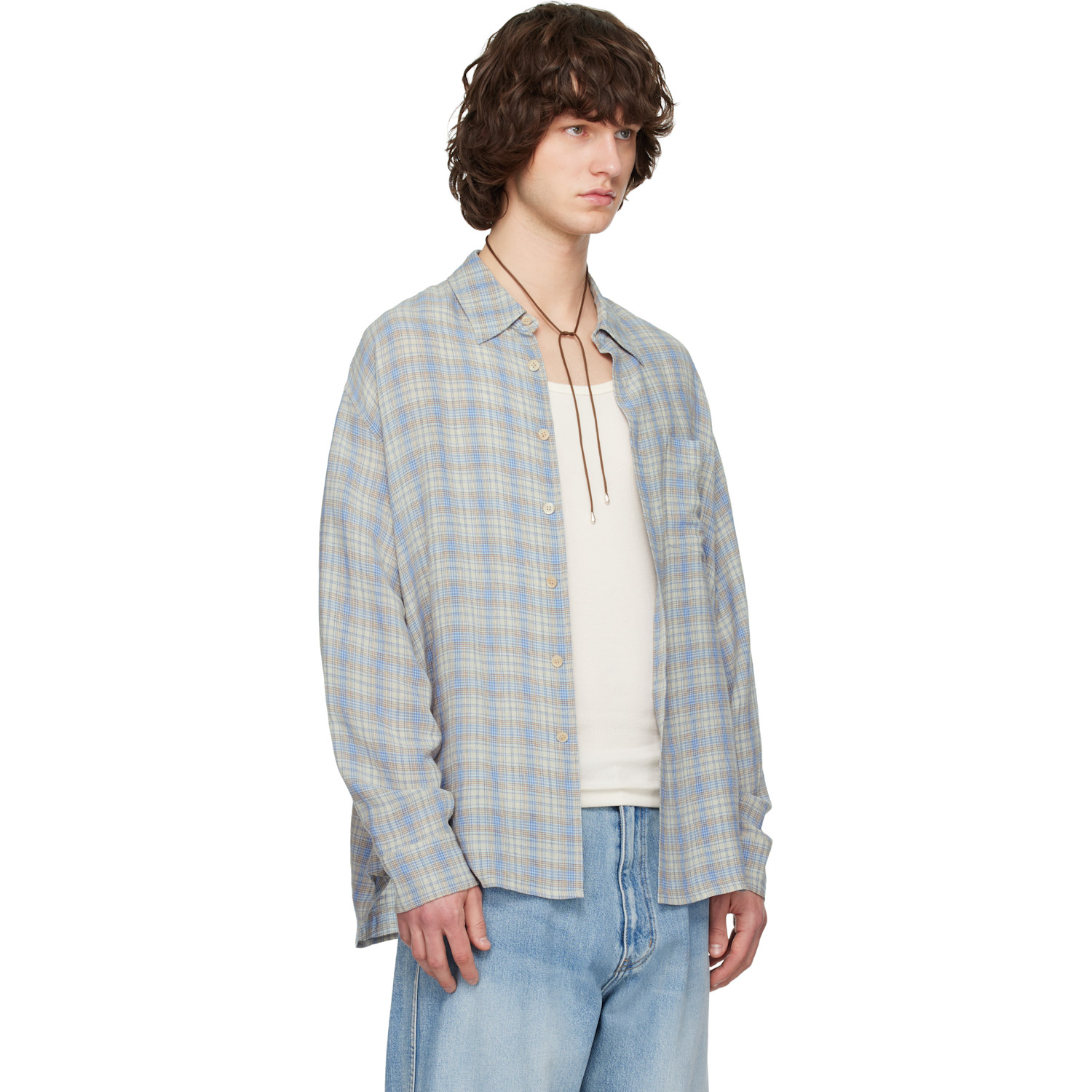  Solid Homme Blue Viscose Linen Check Shirt 