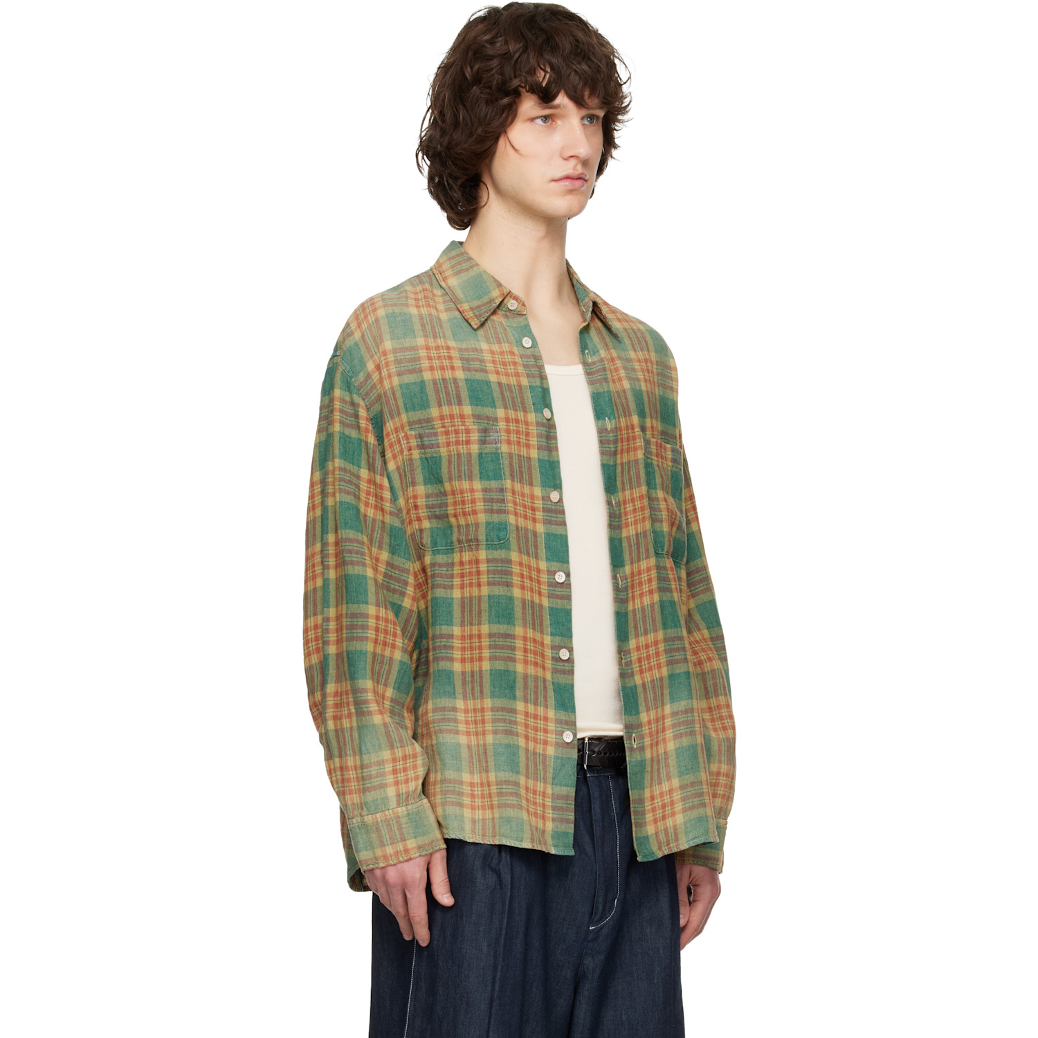  Solid Homme Blue & Yellow Bleached Linen Check Shirt 