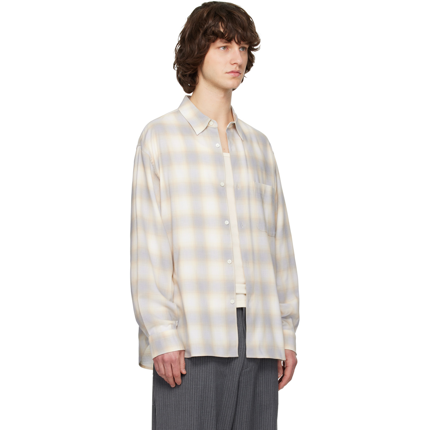  Solid Homme Yellow & Gray Wool Cotton Check Shirt 