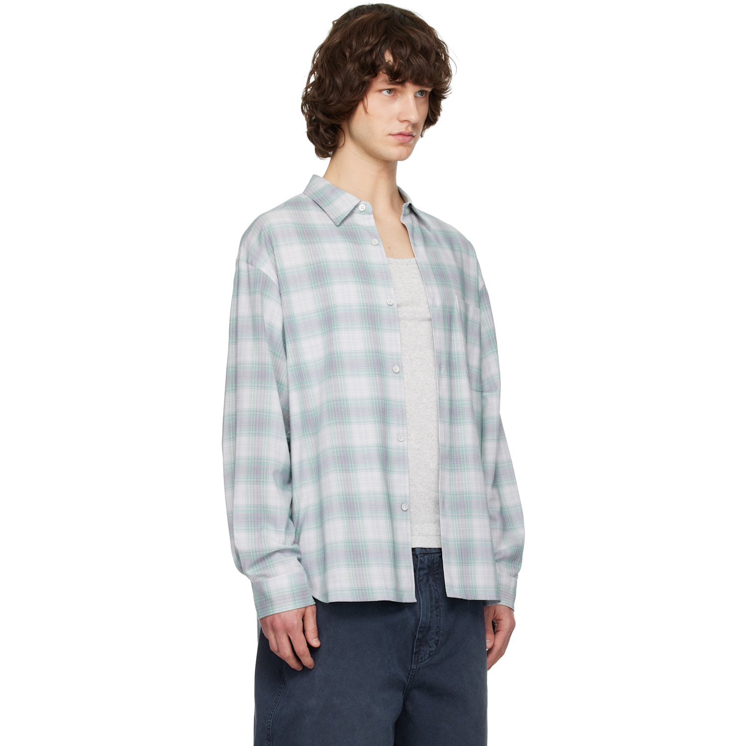  Solid Homme Green & Gray Wool Cotton Check Shirt 