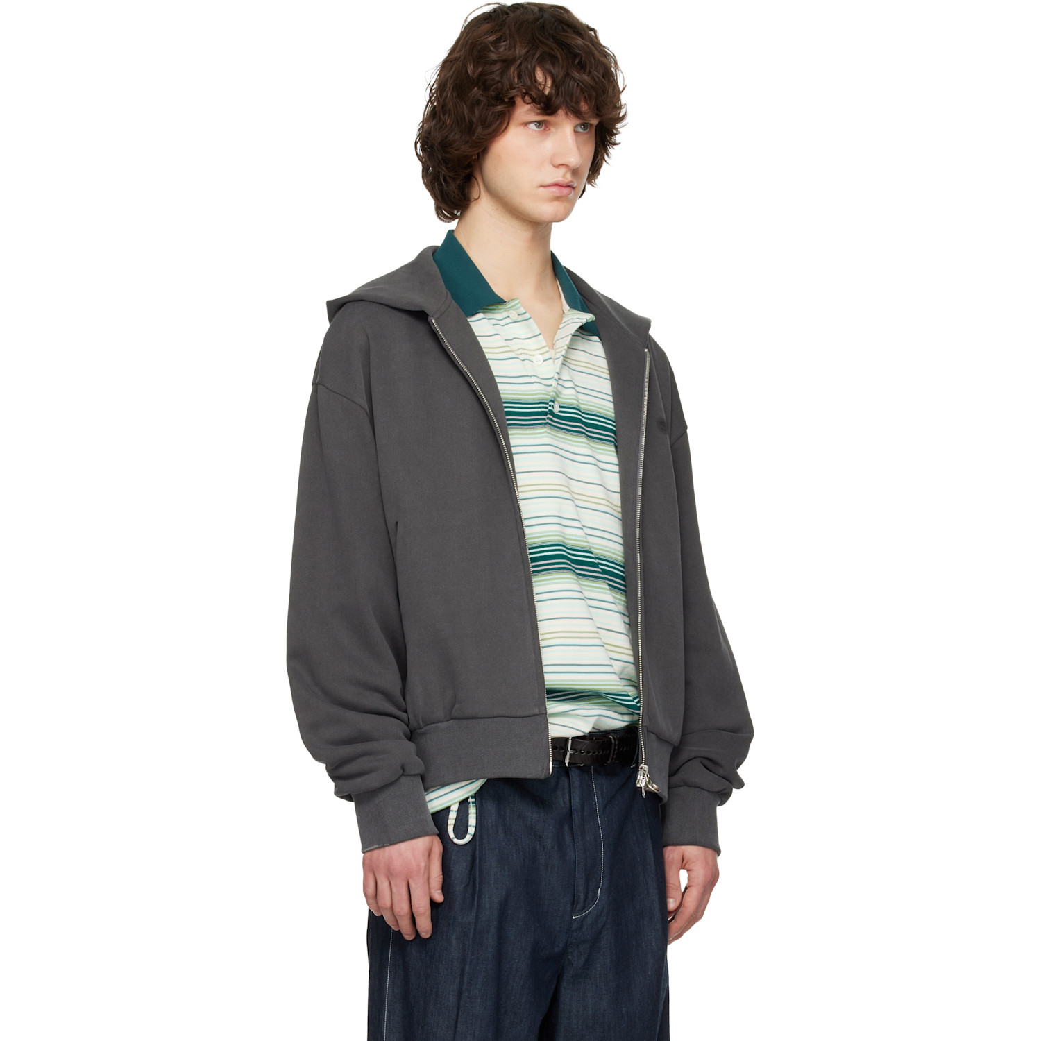 Solid Homme Gray Solid Back Logo Zip-up Hoodie 
