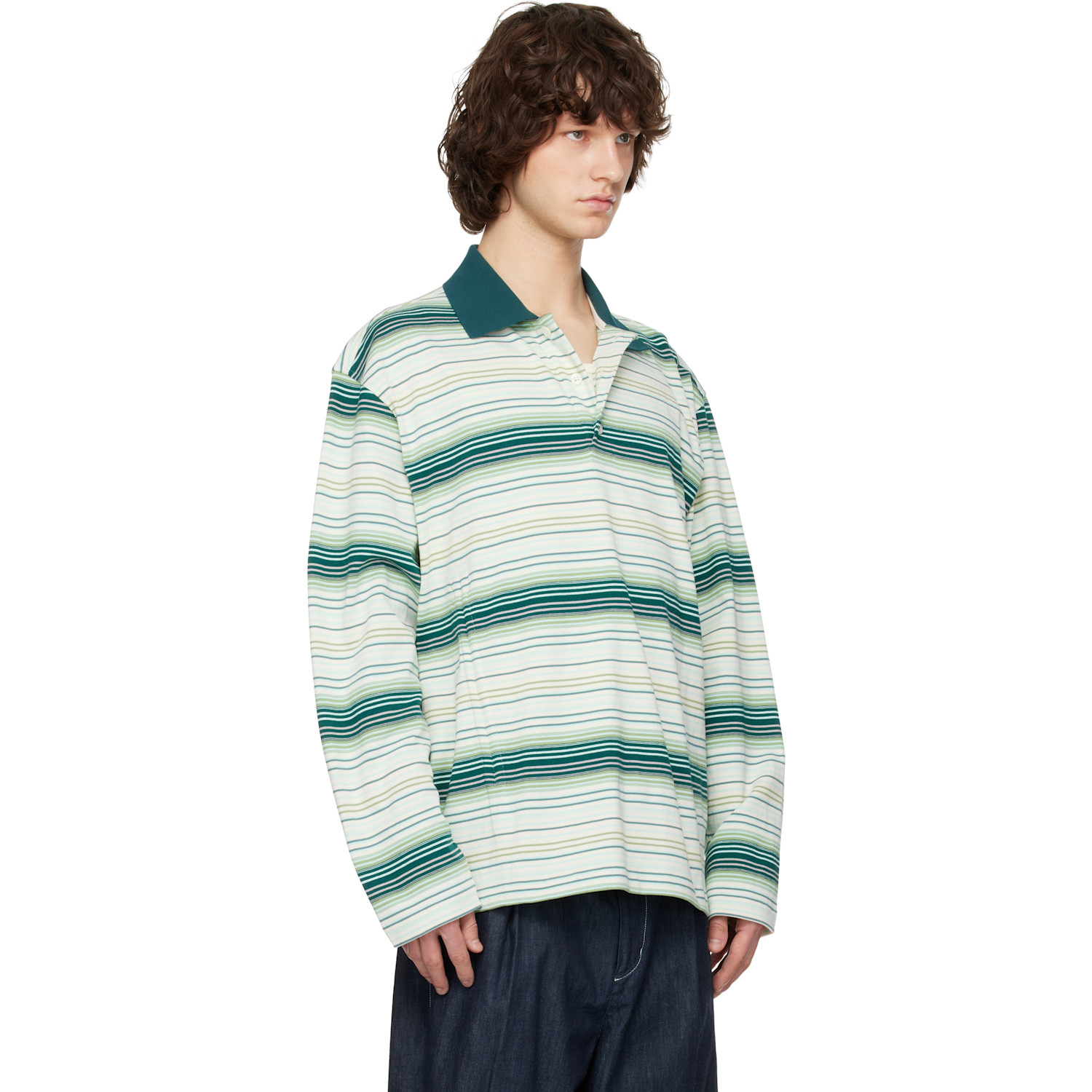  Solid Homme Green Striped Drawstring Collar Neck Long Sleeve Polo 