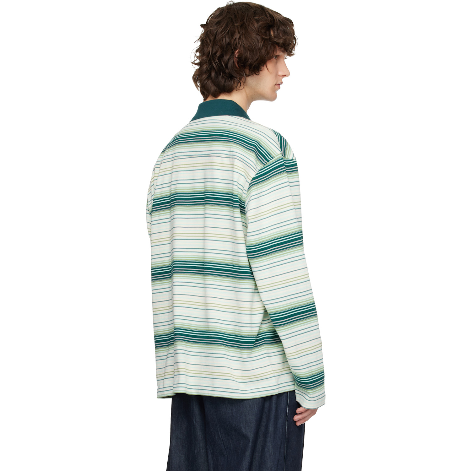  Solid Homme Green Striped Drawstring Collar Neck Long Sleeve Polo 