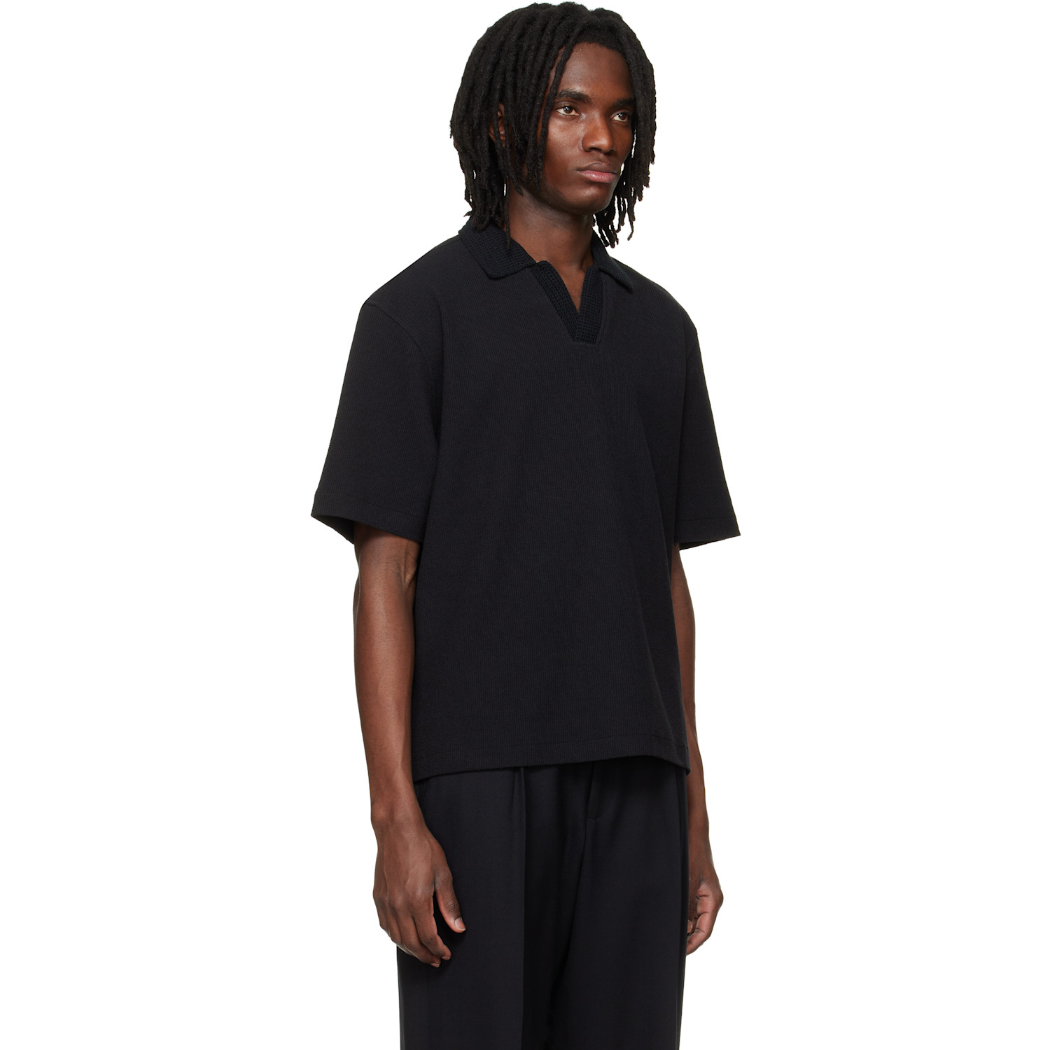  Solid Homme Black Knit Collared Short-sleeve Polo 