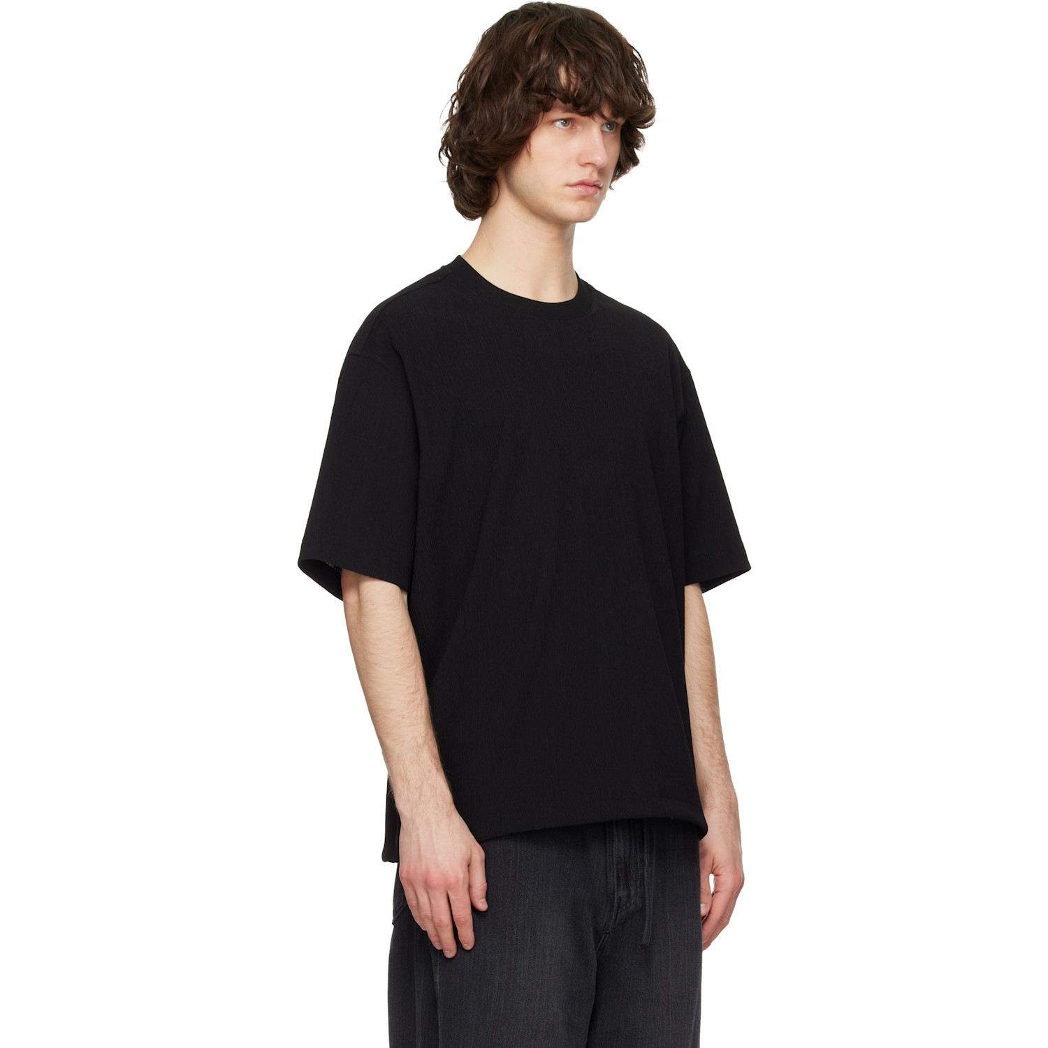 Solid Homme Black Crinkle Round Neck Short Sleeve T-shirt 