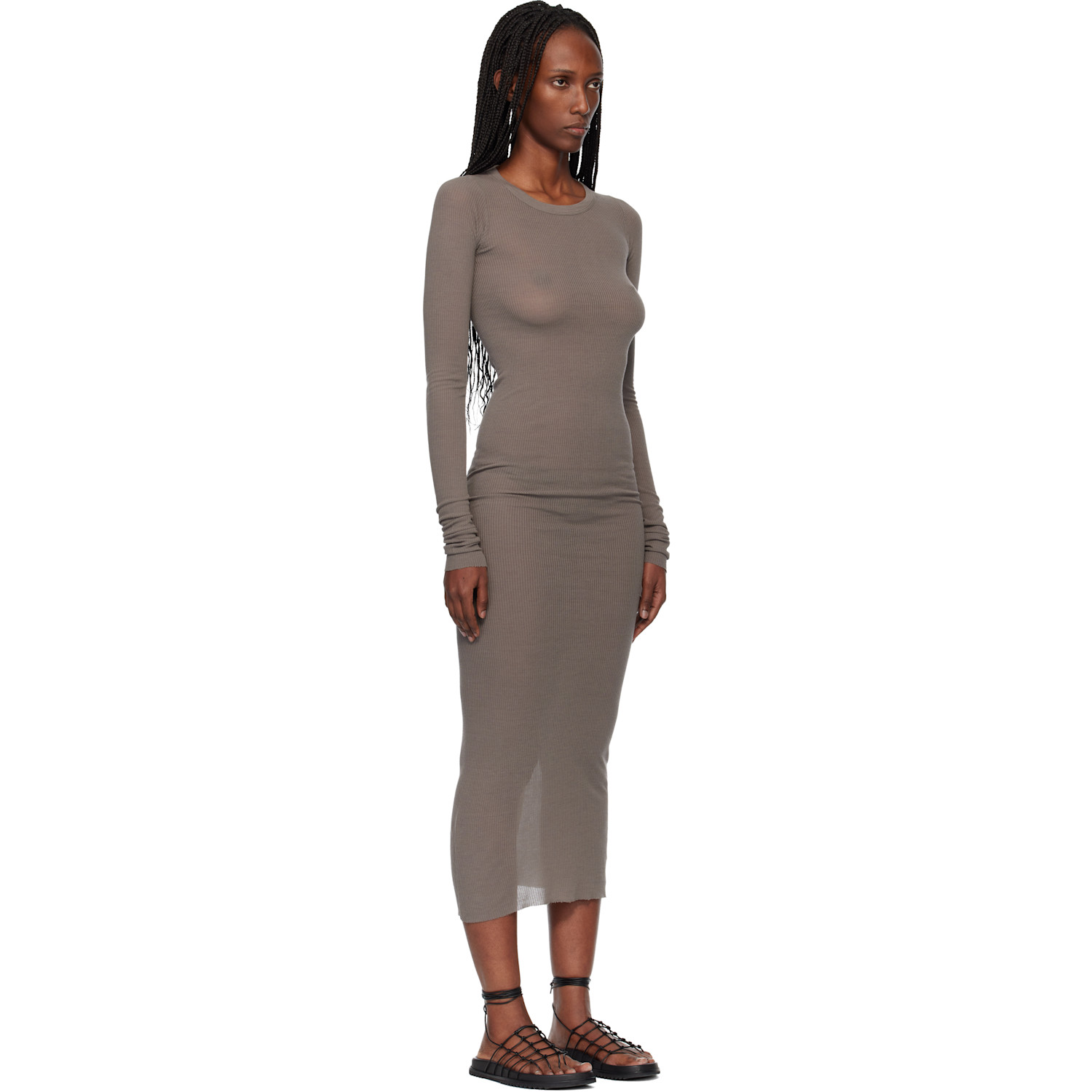  Rick Owens Gray Temple Rib Ls Midi Dress 
