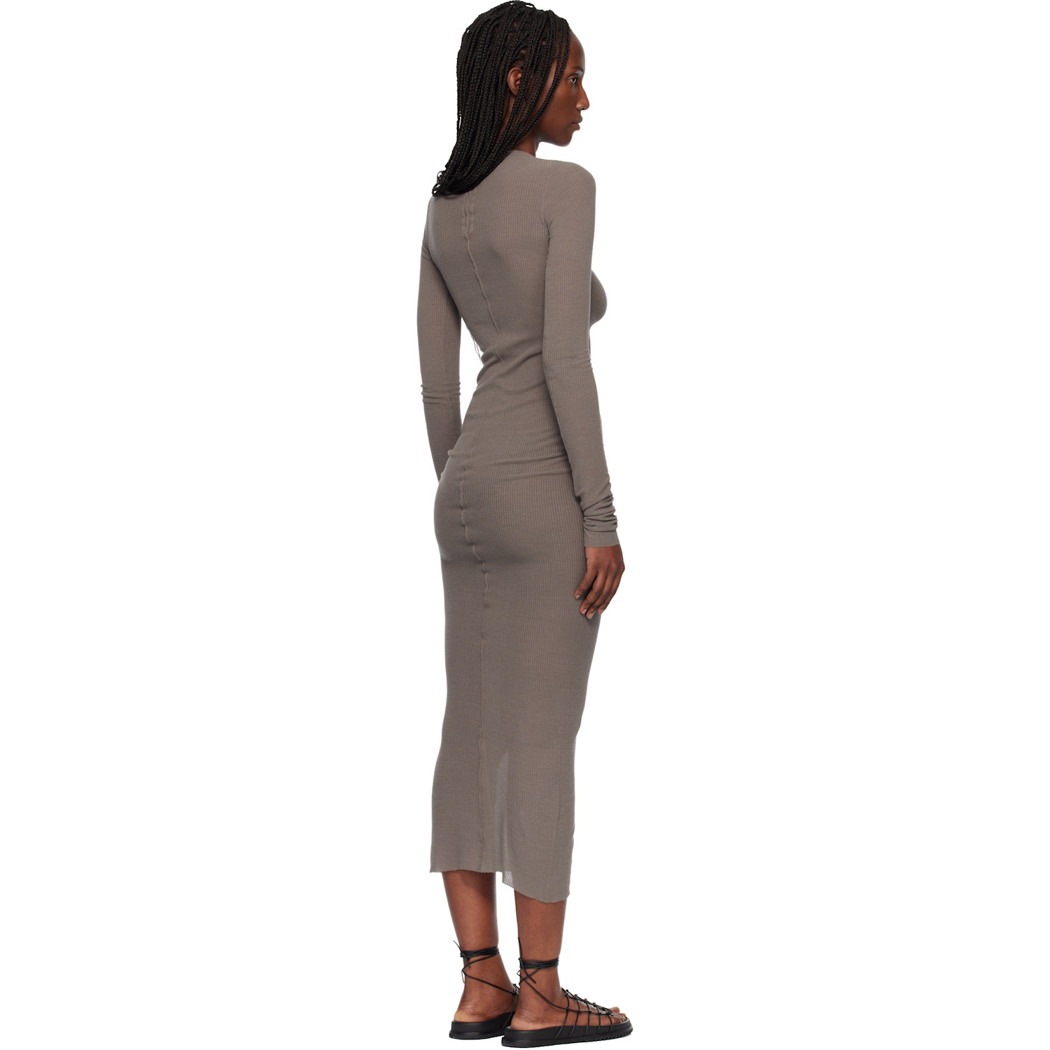  Rick Owens Gray Temple Rib Ls Midi Dress 